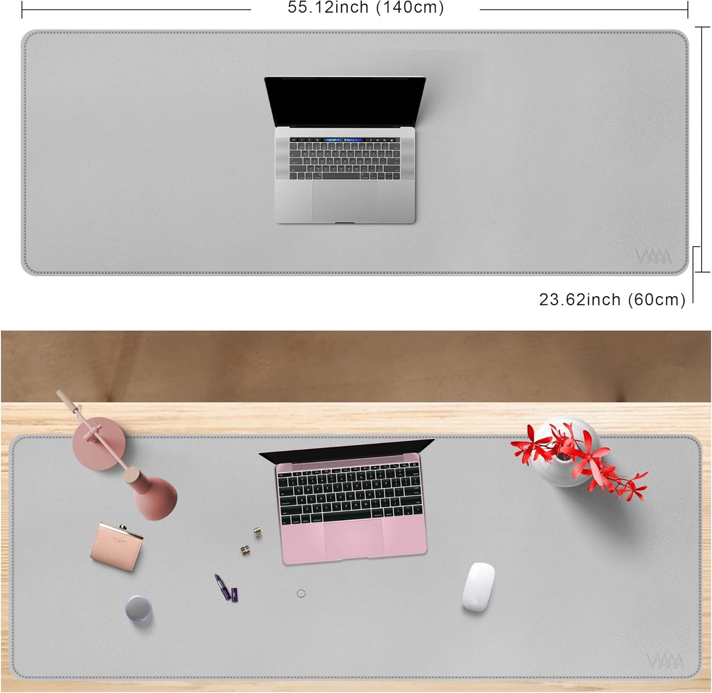 VYAAA Leather Desk Mat, 55"×24" Large Mouse Pad, Desktop Protector for Desk, Multifunctional Keyboard Mouse Pad for Home or Office (Light Gray)
