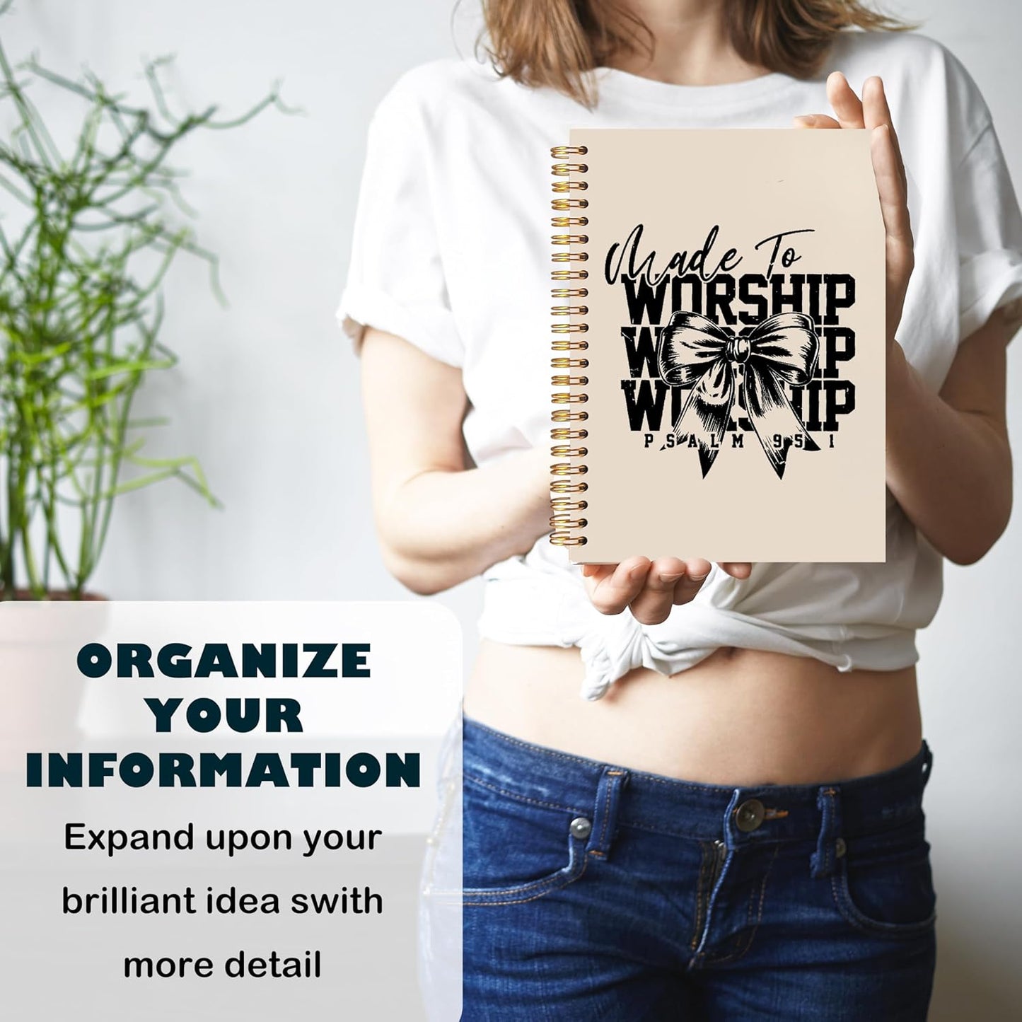 BearCake Christian Coquette Bow Notebook Journal, Made to Worship Prayer Journal for Women, Preppy Christian Gifts for Women, Bible Journaling Neutral Hardcover Spiral Notebook 5.5x8.3