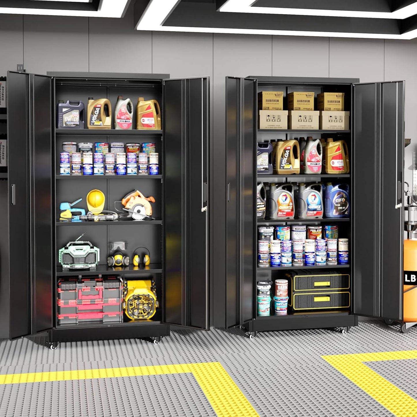 Greenvelly 74" Metal Storage Cabinet with Wheels, Lockable Rolling Metal Garage Cabinets with 2 Doors and 4 Adjustable Shelves, Rolling Tool Cabinet for Garage, Home Office, School