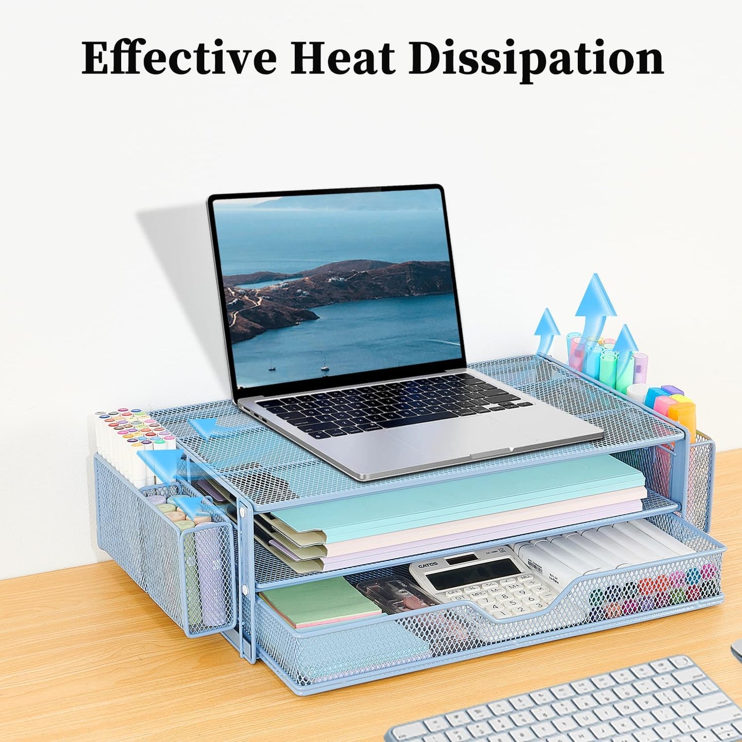 AUPSEN Computer Monitor Stands Riser，2-Tier Desk Organizers and Accessories, Office Desk Accessories Organizer with Drawers and 2 Pen Holder for Office Supplies (Blue)