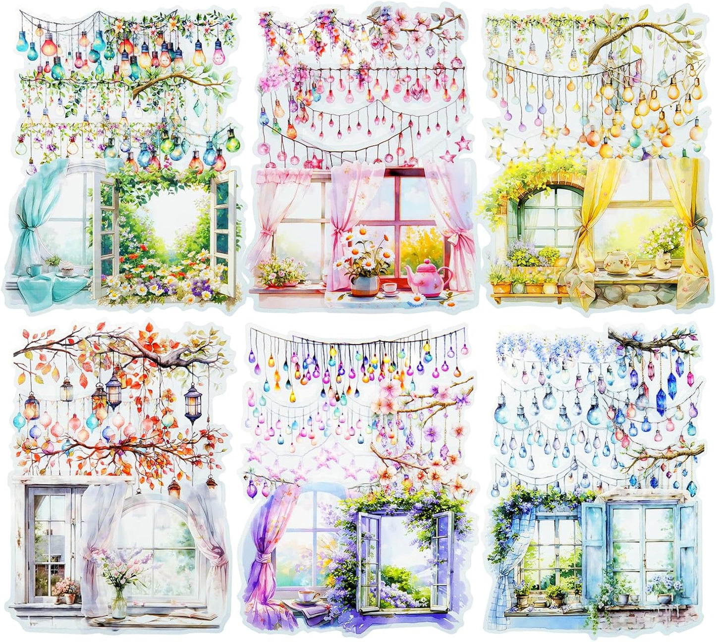 Romantic Window PET Stickers, 96pcs Dreamy Floral and String Light Decorative Sticker for Scrapbooking, Journaling, DIY Crafts, Planner Supplies