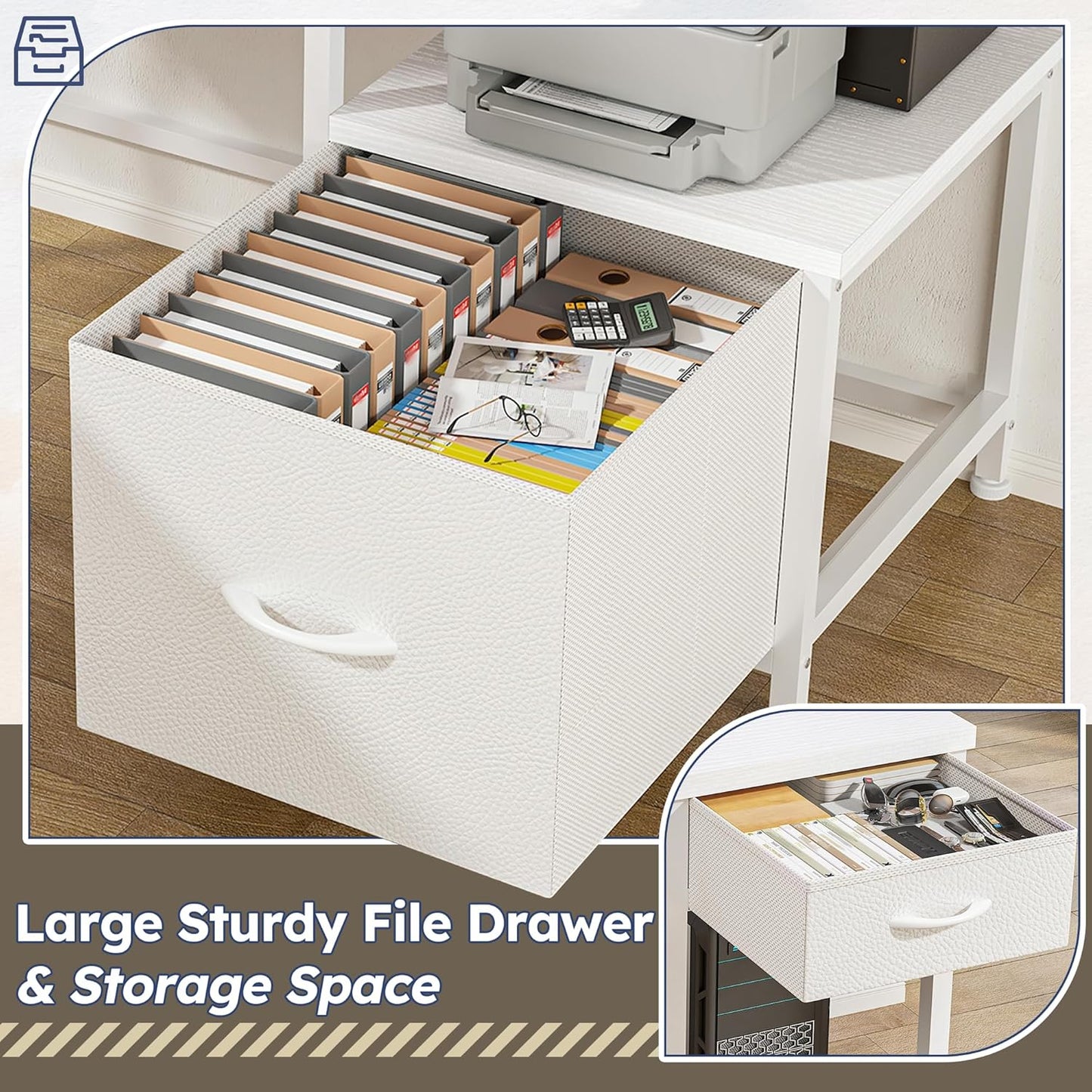 L Shaped Computer Desk with Drawers, Gaming Desk with LED Lights & Monitor Shelf, Office Desks with Power Outlets, Corner Desks for Home Office, Study Room and Bedroom, White