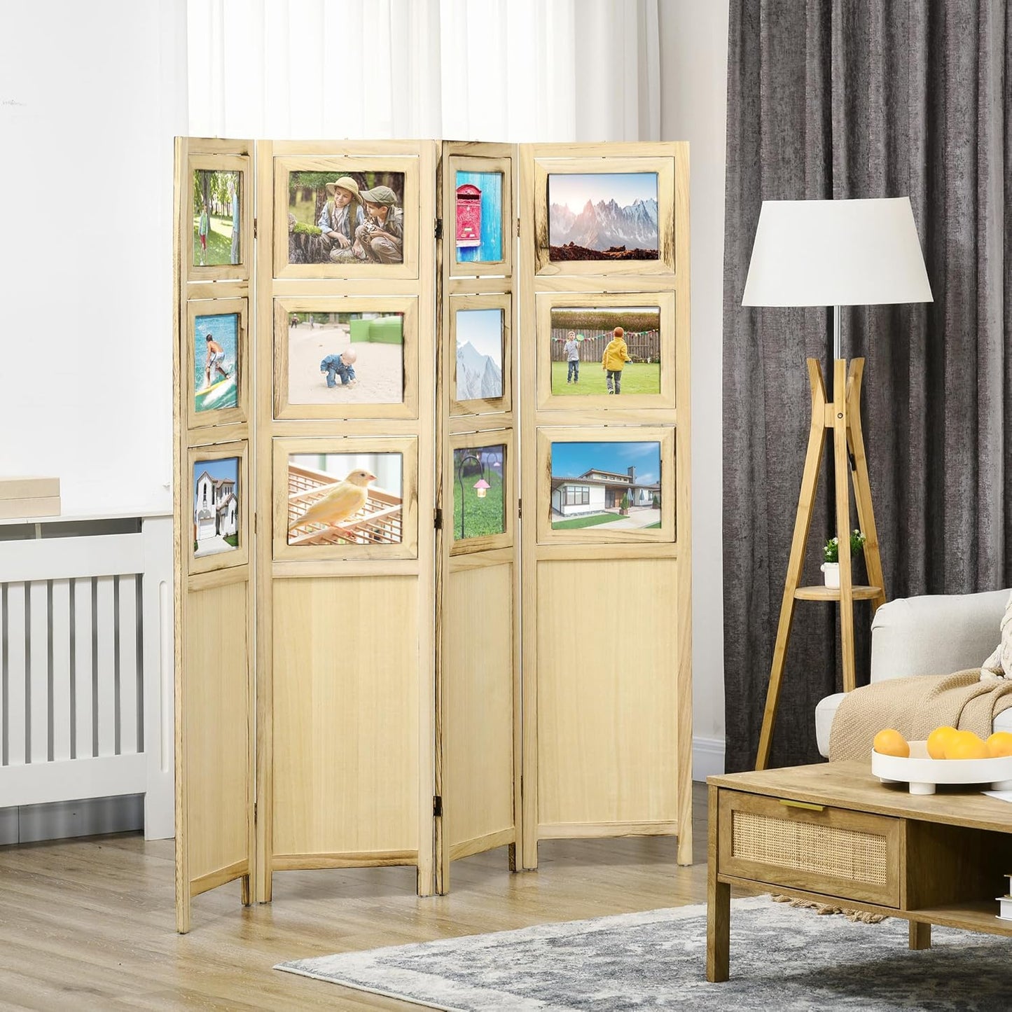 NicBex Room Divider 4 Panel Room Dividers with Photo Frames and Cardstocks Partition Room Dividers and Folding Privacy Screens 5.6 FT Wall Divider for Room Separation,63" W x 0.75" D x 67" H, Natural