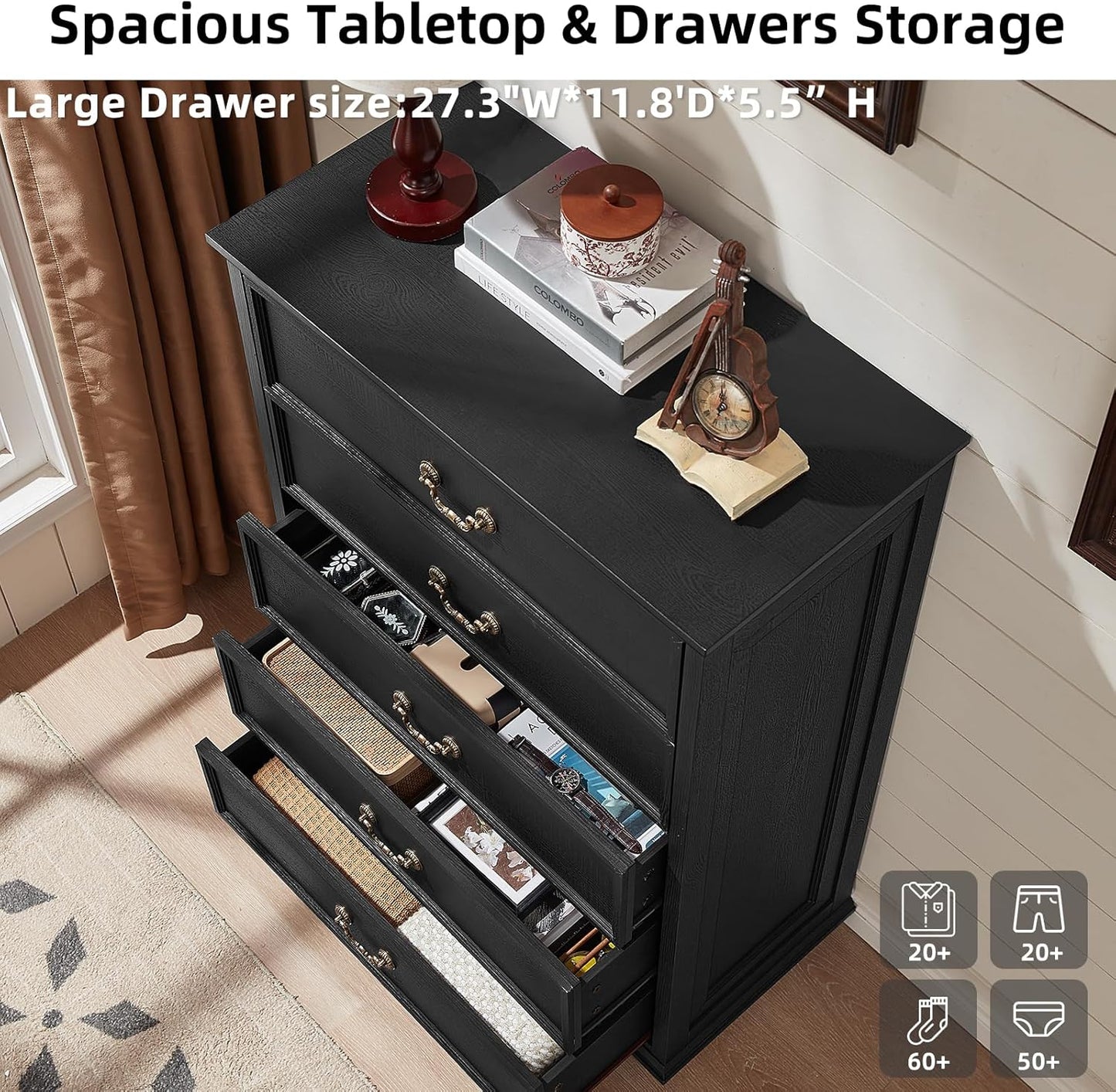 Farmhouse 5 Drawer Dresser Set of 2 for Bedroom, 45" Tall Rustic Chests of Drawers w/ 4 Solid Wood Feet, Vintage Mid Century Wooden Closet Storage Dressers Organizer for Living Room, Black