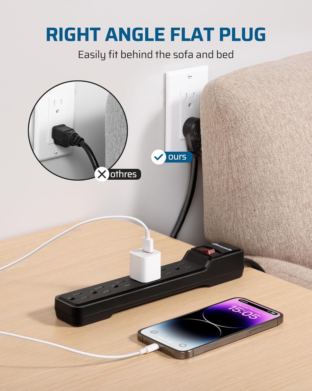 DEWENWILS 6-Outlet Power Strip Surge Protector, 15FT Long Extension Cord, Low Profile Flat Plug, 15 Amp Circuit Breaker, 500 Joules, Wall Mount, Black, UL Listed