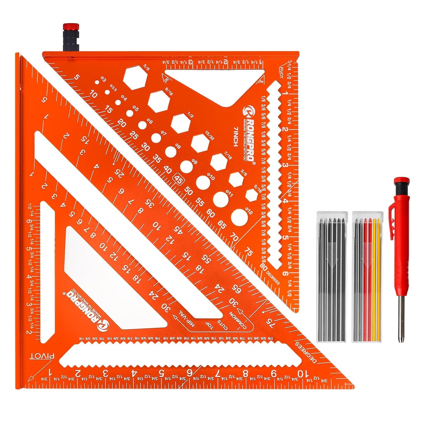 2pcs Rafter Square, 12-inch & 7-inch Carpenter Sqaure Set with Woodworking Pencil, Carpenter Measuring Layout Tool, Aluminum Alloy Triangle Ruler for Woodworking- Imperial