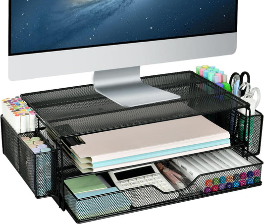 AUPSEN 2 Tier Computer Monitor Stands with Drawer and 2 Pencil Holder, Metal Monitor Stand Monitor riser, Computer Desk Organizer and Accessories for Laptop, Computer, Printer, Office Supplies(Black)