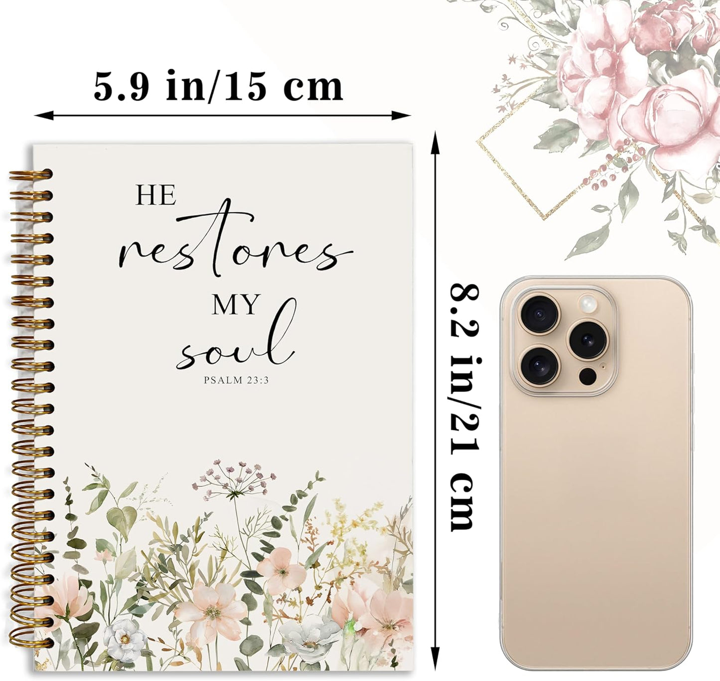Bible Notebook, A5 Spiral Christian Journal with Floral Notebook, Bible Verse-He Restores My Soul, Inspirational Notebooks for Women, Bible Study, Gift for Birthday Christmas, Office Supplies (White)