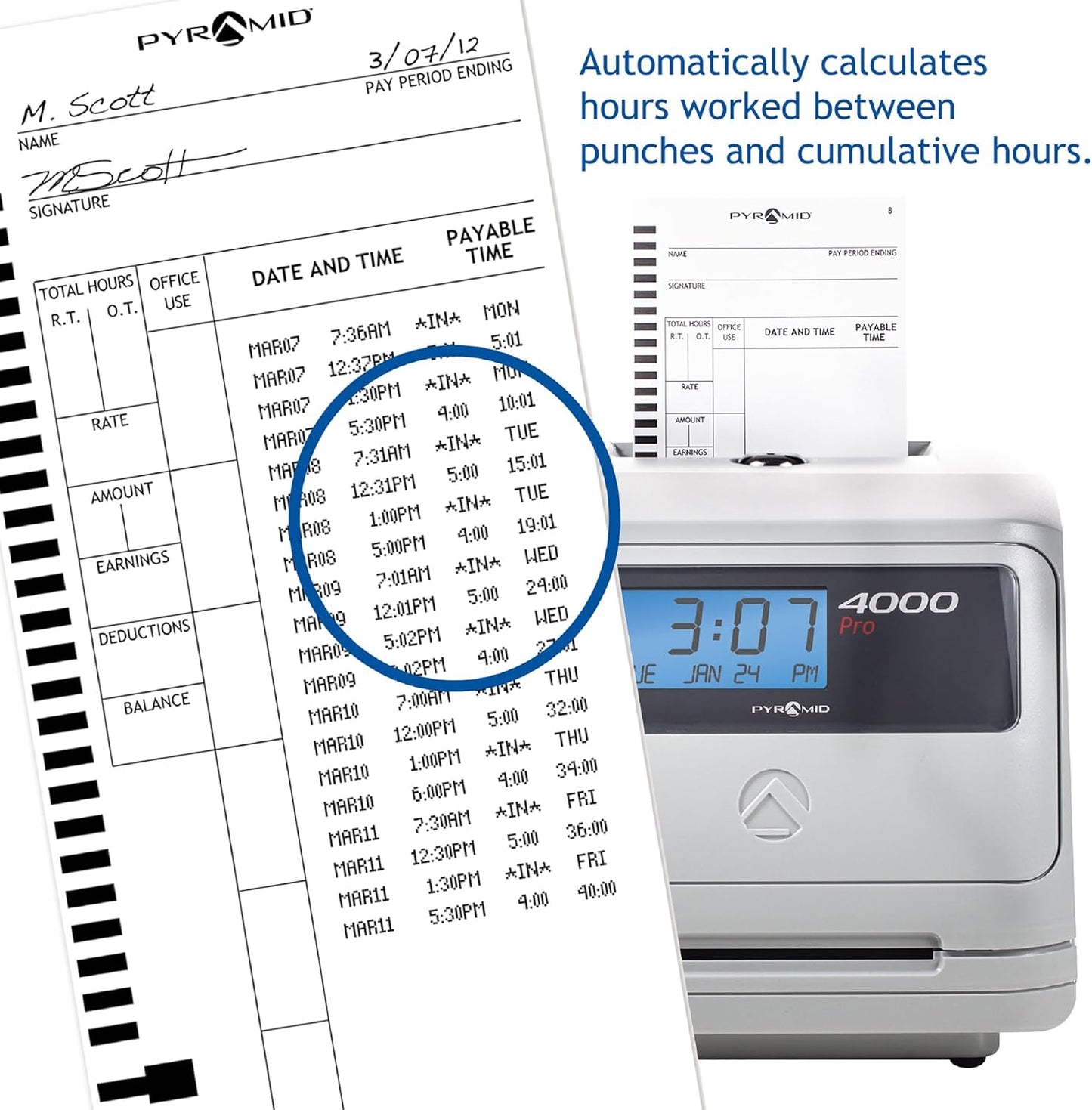 Pyramid Time Systems - Model 4000 Pro Auto Totaling Time Clock [ 4000PROK ] for Small Business, Bundle Includes: 125 Time Cards,2 Ink Ribbon cartridges, 1 Ten Time Card Rack, 2 Security Keys