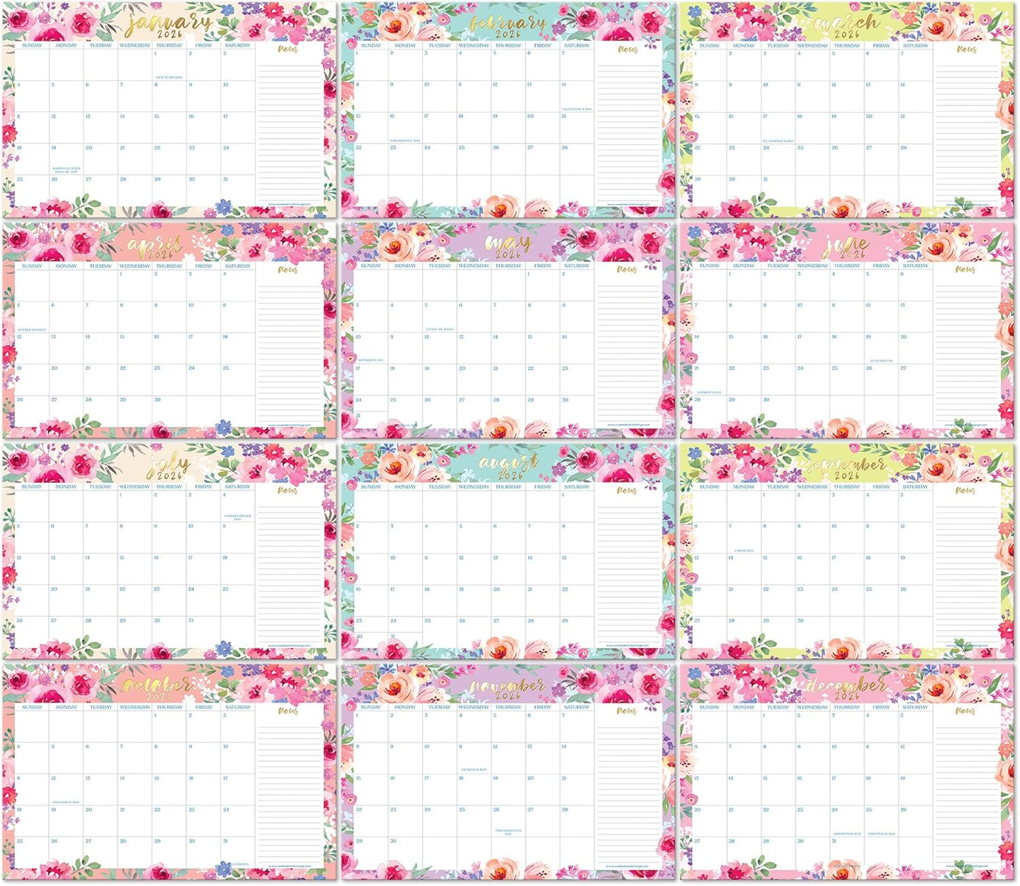 S&O Watercolor Floral Large Desk Calendar from July 2025 to Dec 2026 - Tear-Away Table Calendar 2025-2026 - Desktop Blotter - Academic Desk Planner - Desk Pad Large - 11x17in
