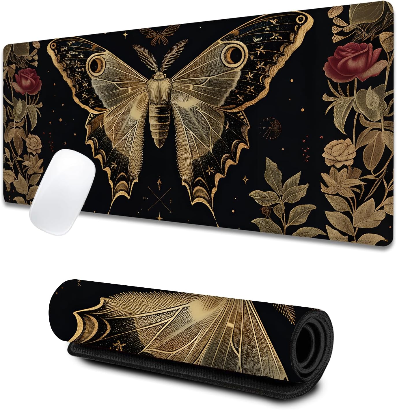 Vintage Moth Rose Large Gaming Desk Mat,Rubber Non-Slip Elegant Nocturnal Mouse Pad,31.5x11.8x0.12in Extended Nature Art Floral Mousepad,Game Lover Mice Pads Gifts,Office Home Deskmat Decor