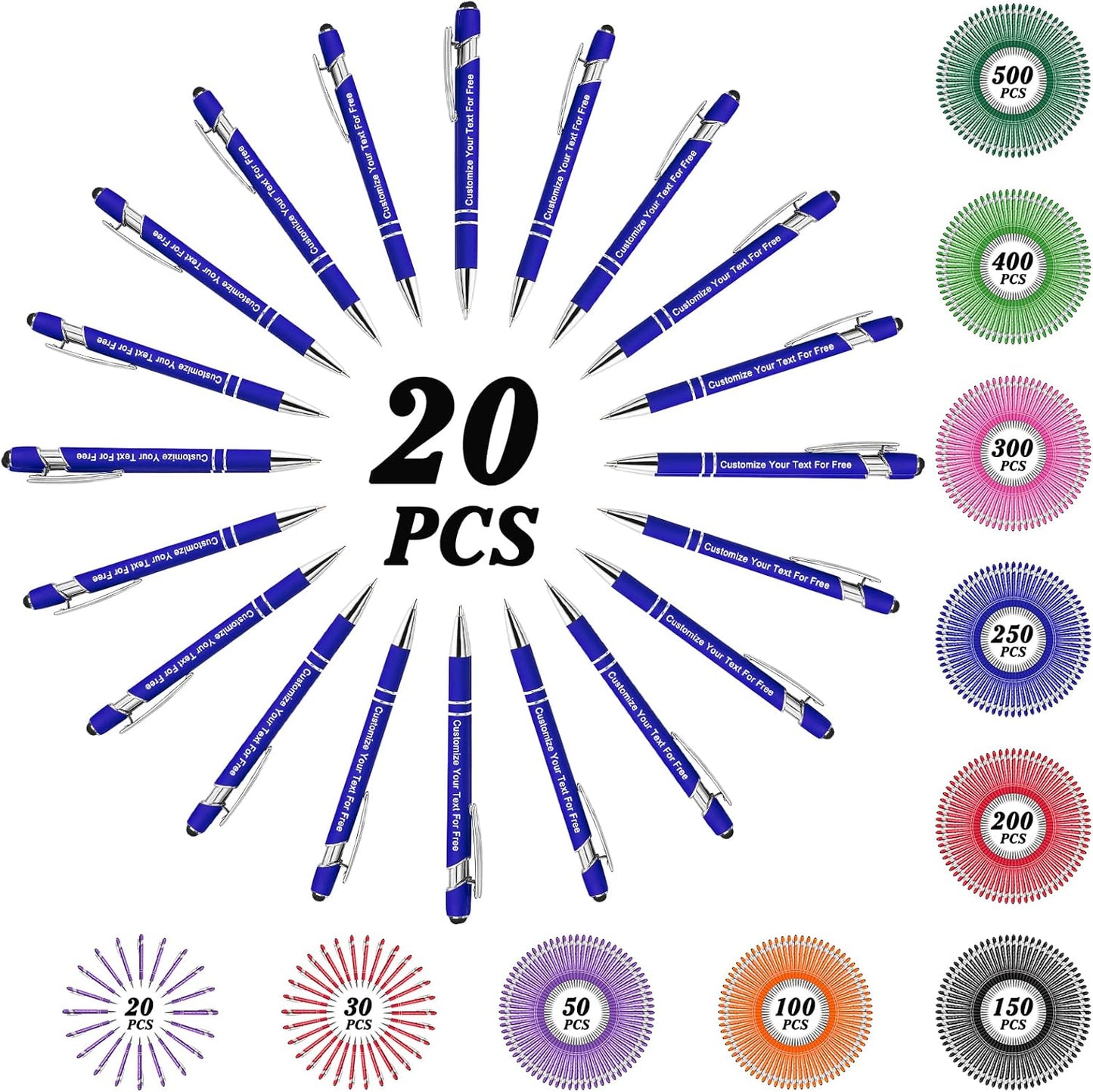 Max 500 Pcs Personalized Pens Bulk, Custom Pens with Free Engraving, Customized Stylus Tip Ballpoint Pen with Your Name Massage Text for School Office Business Graduation Anniversaries-20 Packs