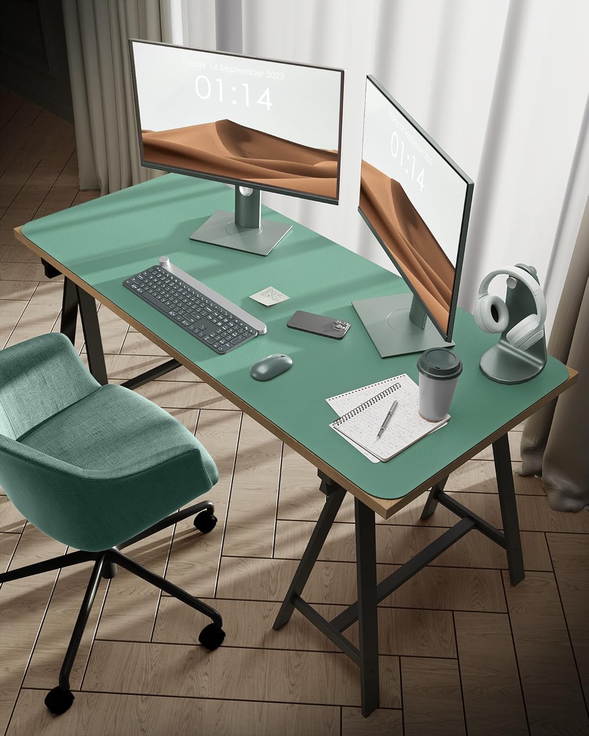 YSAGi Leather Desk Protector, Office Mat, Large Mouse Mat, Non-Slip PU Leather Blotter, Laptop Desk Pad, Waterproof Writing Pad for Office and Home (Green-Blue, 47.2" x 23.6")