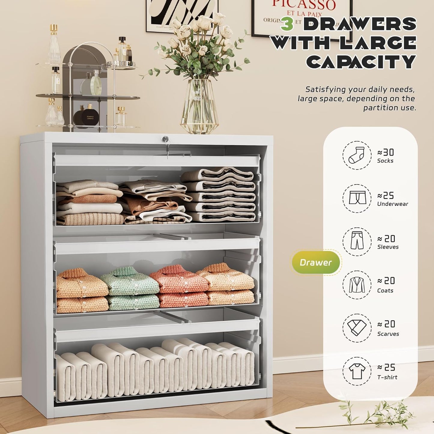 Superday Lateral File Cabinet 3 Drawer Metal File Cabinet with Lock, White Filing Cabinets for Home Office, Locking Filing Cabinets Hanging Files Letter/Legal/F4/A4