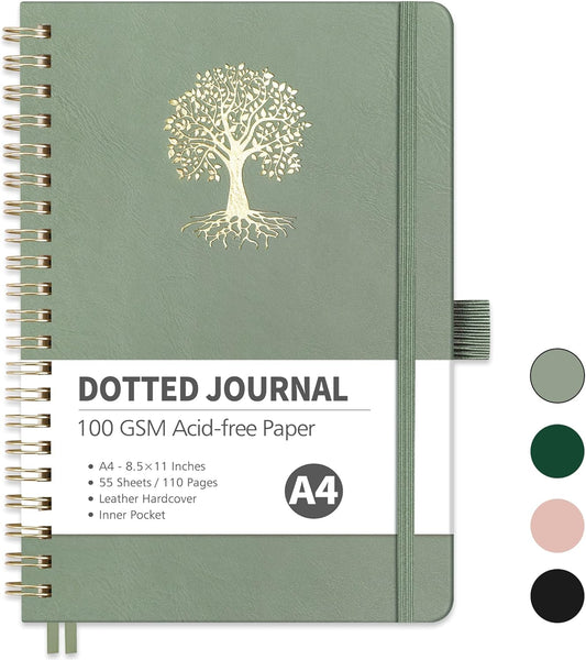 RETTACY Bullet Dotted Journal Notebook, 110 Pages, A4 Large Size (8.5" × 11"), Leather Hardcover, 100 GSM Thick Paper, Spiral-bound, for Bullet Journaling, Planning, Tracking (Light Green)