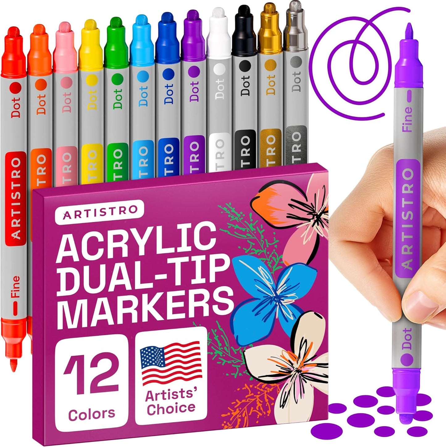 ARTISTRO Vibrant Acrylic Paint Markers for Rock, Fabric, Glass, Wood, Paper, Ceramic, Canvas & More - 12 Dual-Tip Paint Pens (Dot & Fine) - Quick Dry, Teacher Classrooms Must Have, Drawing Markers