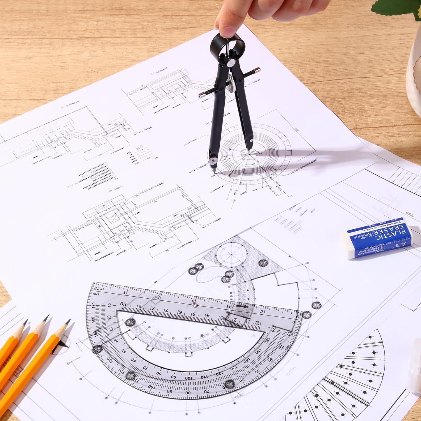 EBOOT Student Geometry Math Set, Drawing Compass and 6 Inch Clear Swing Arm Protractors 180 Degree Math Protractor (Black and Black)