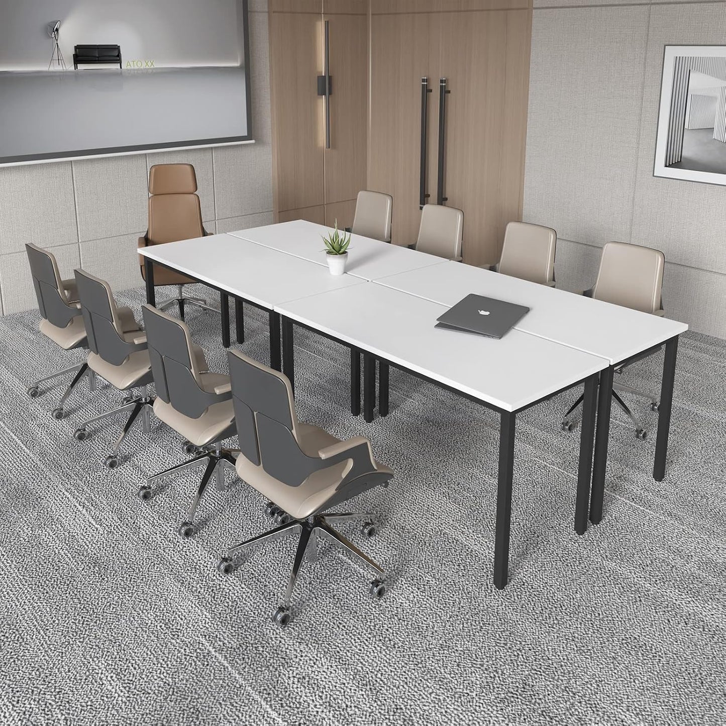 Bonzy Home Conference Tables 9ft Office Computer Desk for Meeting Room Study Writing Printer Podcast Table Save Space Design for 10 People Rustic Modern White 4PCS 110.2"x47.2"x29.5"