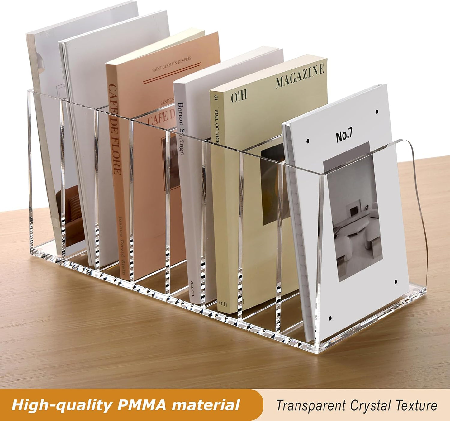 SANRUI Acrylic Desk File Organizer, 8 Vertical Compartments Clear Magazine File Holder Workspace Sorters, Folder Rack for Office Accessories Organization Storage