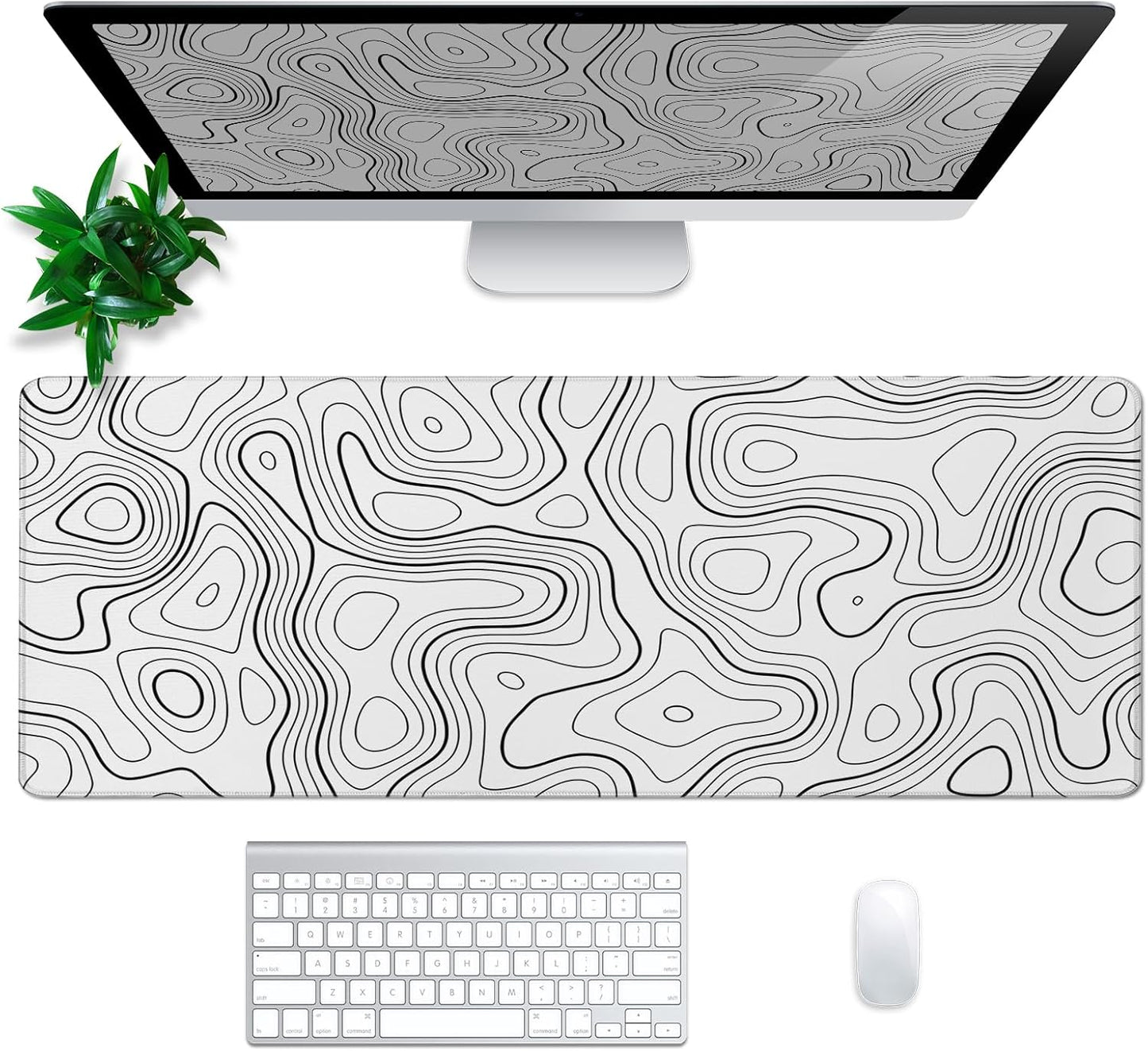 Topographic Contour Gaming Mouse Pad White Large Mouse Pad for Keyboard and Mousepad Desk Mat with 3mm Non-Slip Base and Stitched Edge for Gaming and Office Computer Mat Protector Mat 31.5x11.8 Inch