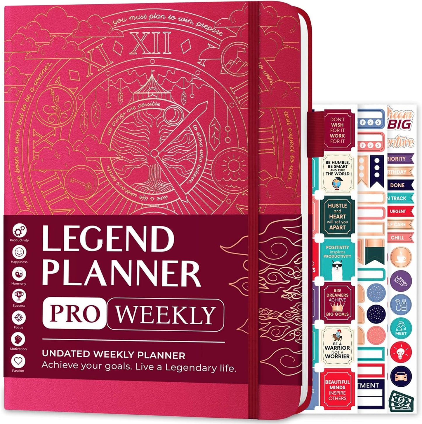 Legend Planner PRO – Deluxe Weekly & Monthly Life Planner to Increase Productivity and Hit Your Goals. Time Management Organizer Notebook – Undated – 7 x 10" Hardcover + Stickers – Hot Pink