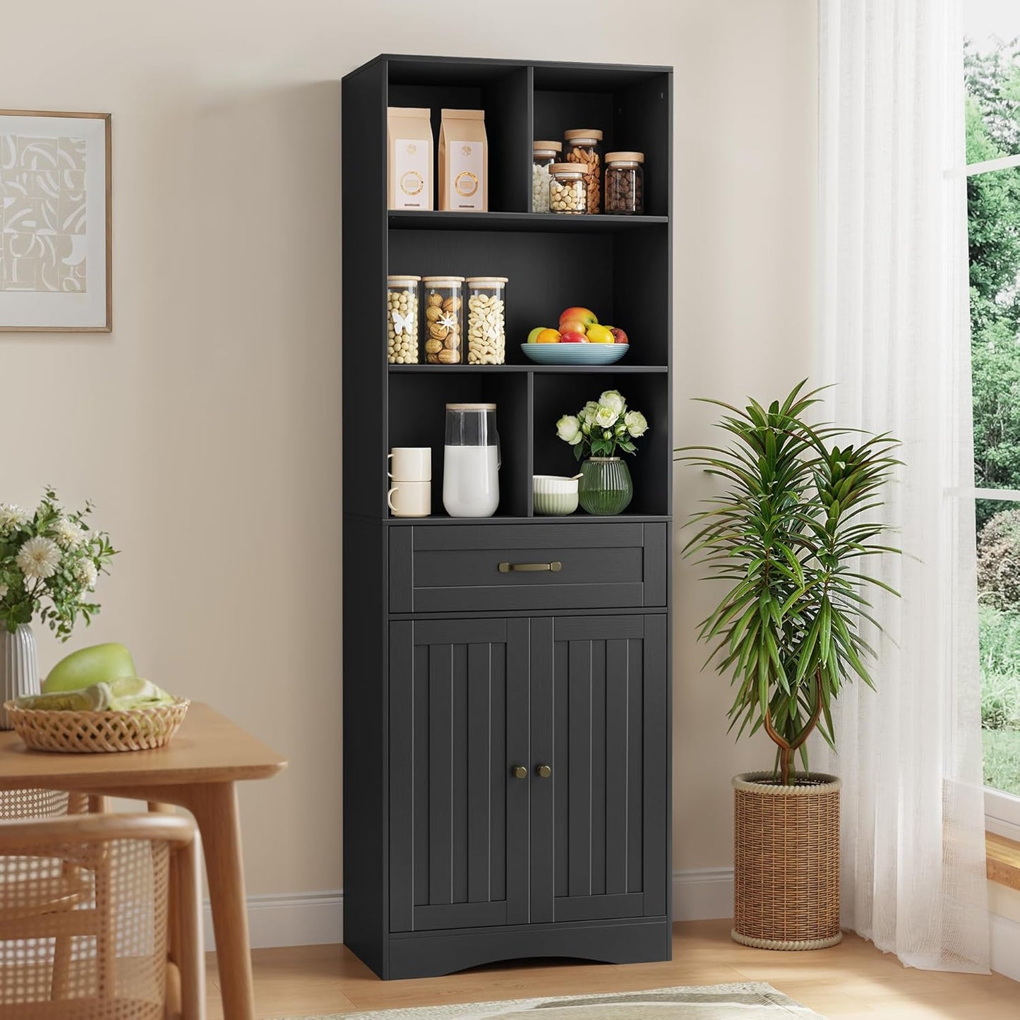 Gizoon 71'' Tall Storage Cabinet, Kitchen Pantry Cabinet with Doors & Drawers, Wooden Storage Organizer for Living Room, Office, Kitchen, with Adjustable Shelves, Anti-tip, Metal Handle, Black