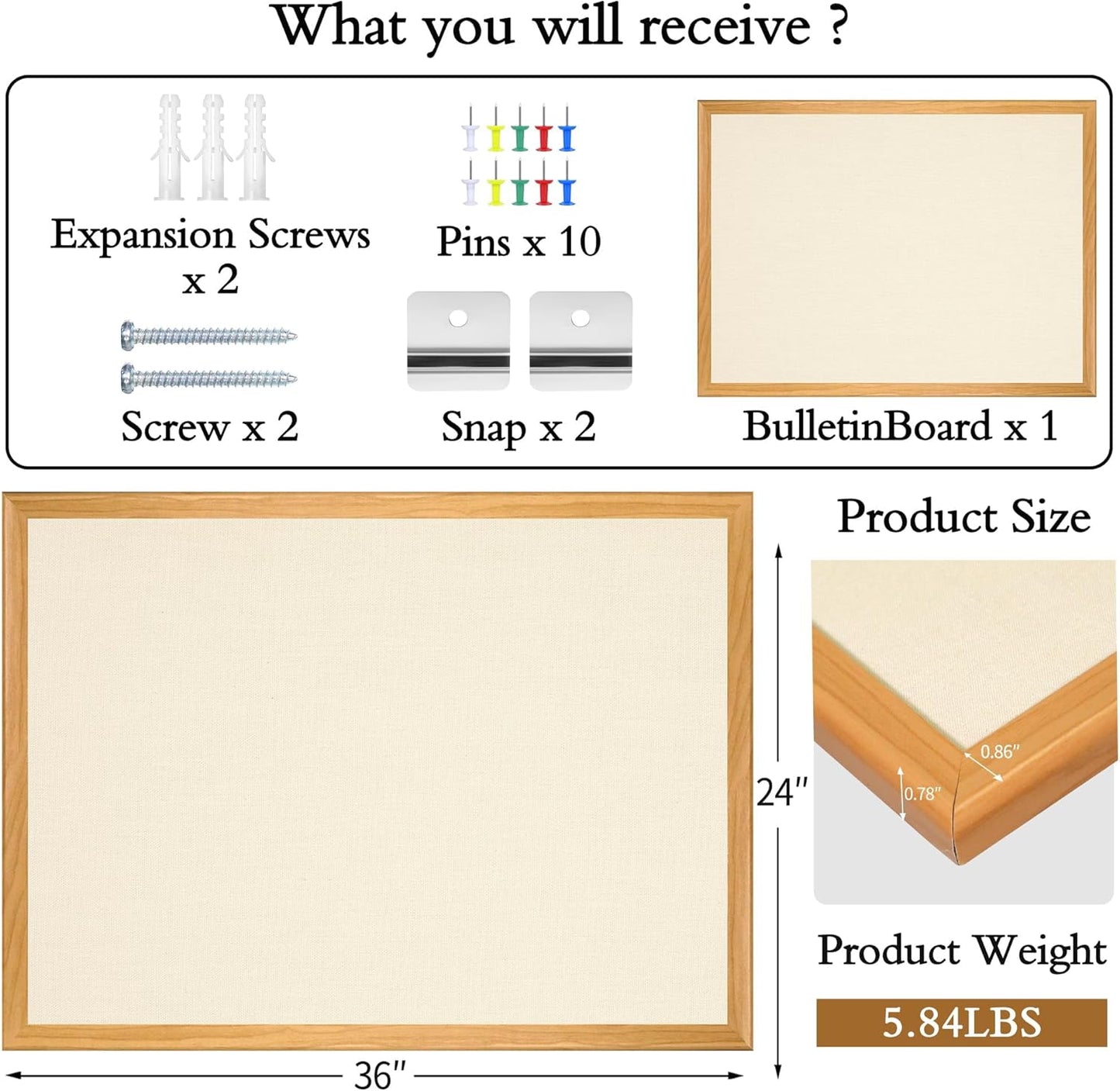 SHANTRA 36 x 24 Inch Bulletin Board with Beige Fabric, Wood Framed Canvas Cork Board, Corkboard for Walls with 10 Pins, Decorative Vision Board, Wall Mounted Notice Board for Home, Office, School