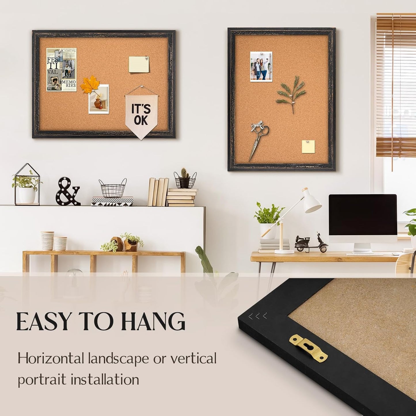 Cork Bulletin Board, 36" x 24" Corkboard for Wall, Rustic Black Wooden Frame, Hanging Pin Board for Home & Office Decor, 10 Push Pins