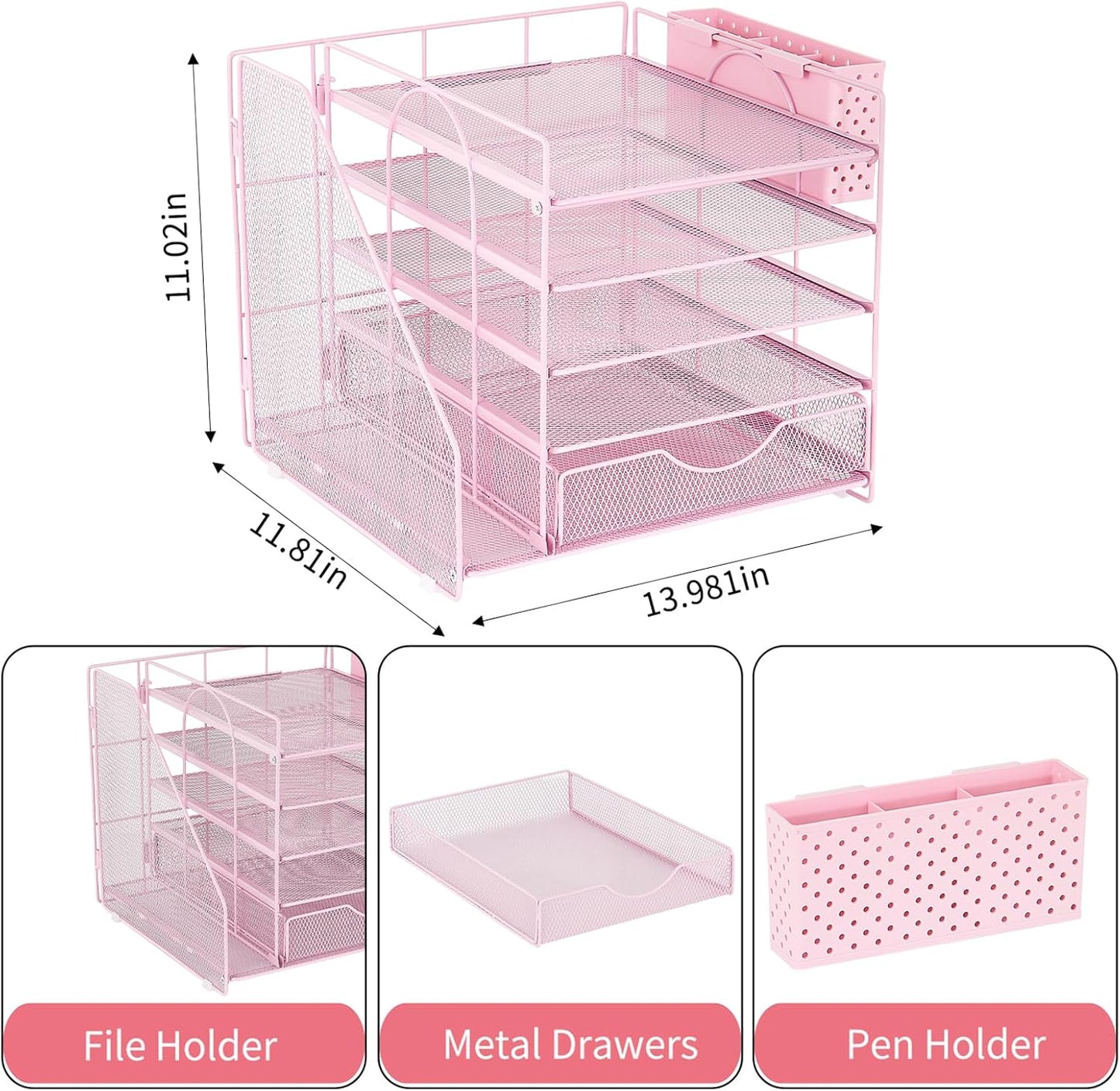 Desk Organizer with Drawer and Pen Holder, 5-Tier Paper Letter Tray Organizer with File Holder, Suitable for Workspace Organizer Office Supplies Storage (Pink)