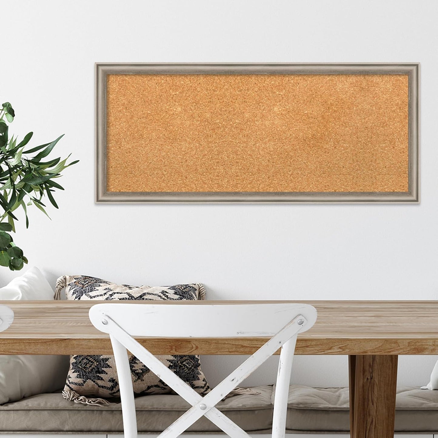 Amanti Art Natural Cork Board for Wall, 14x32 Vision Board with Silver Wood Frame, Medium Corkboard Office Decor for Home Organization, Casual Corkboard Pinboard to display items for home organization