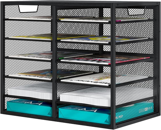 PAG Mass Mail Holder, Adjustable Countertop Literature Organizer, Student Mailbox, Desktop Bill Paper Organizer, 12 Compartments, Black