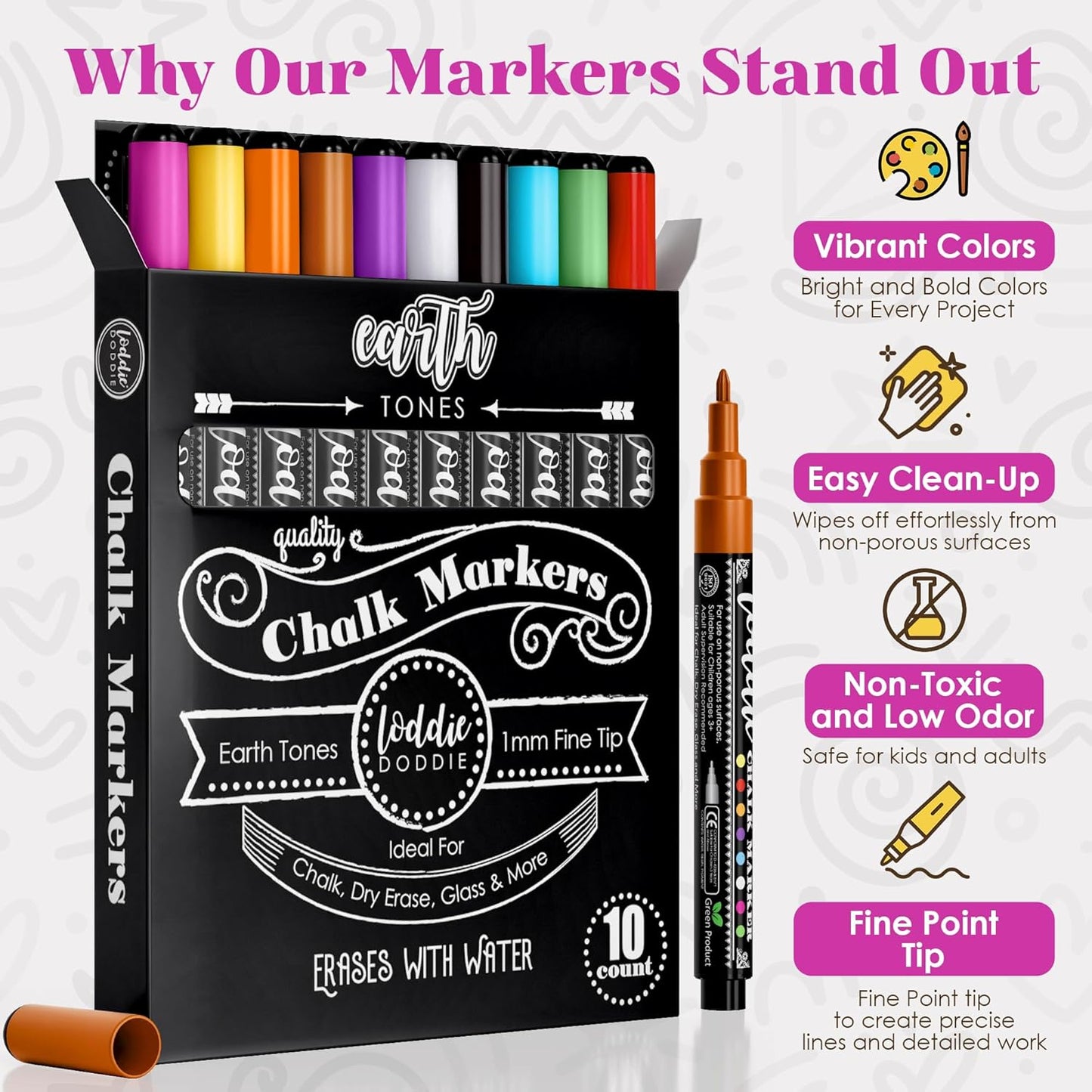 Loddie Doddie Fine Liquid Chalk Markers (10-Count) - Erasable Earth Tones Chalk Markers & Pens for Chalkboard & Blackboard