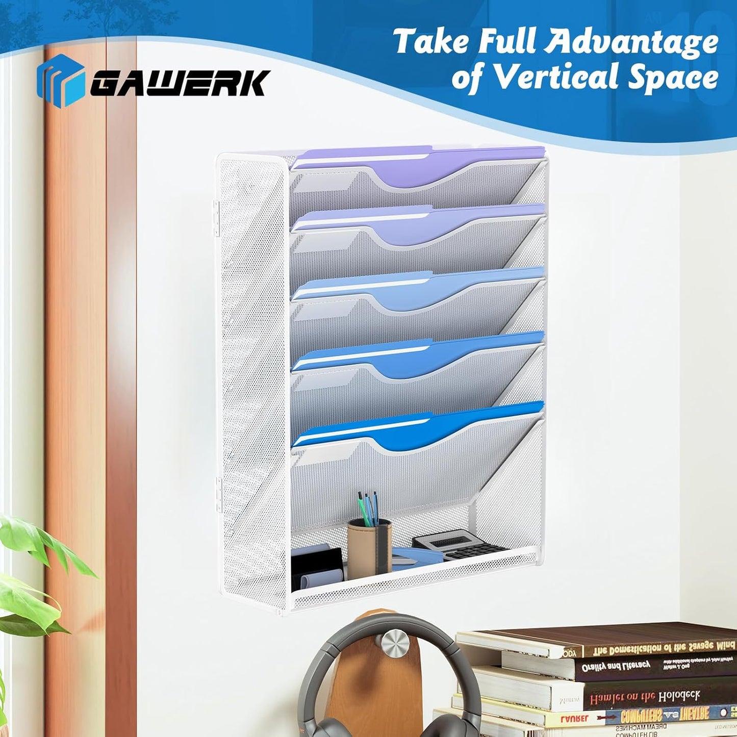 6 Tier Hanging File Organizer, Mesh Wall File Holder Paper Folder Rack with Bottom Flat Tray for Office Home, White