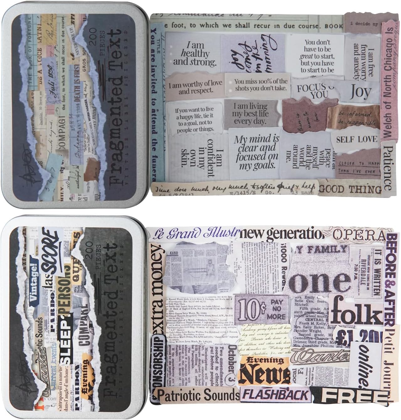 Vintage Fragmented Text Stickers, 400 PCS Washi Ephemera for Scrapbooking, Journaling, Crafting, DIY Projects, Diaries, and Art Supplies - 2 Iron Boxes Included