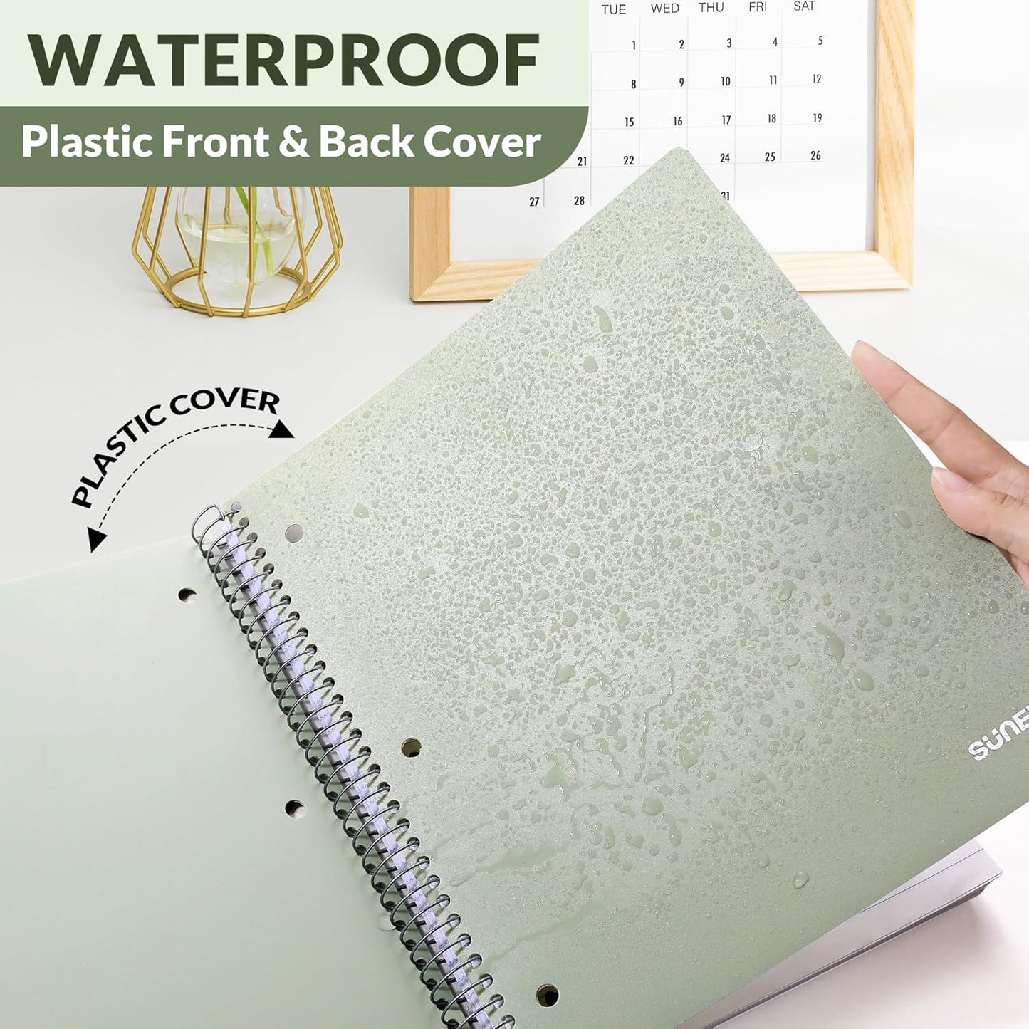 SUNEE 5 Subject Notebook College Ruled - 400 Pages, 9"x11", 5 Pocket Colored Dividers, 3-Hole Punched Paper, Sage Green