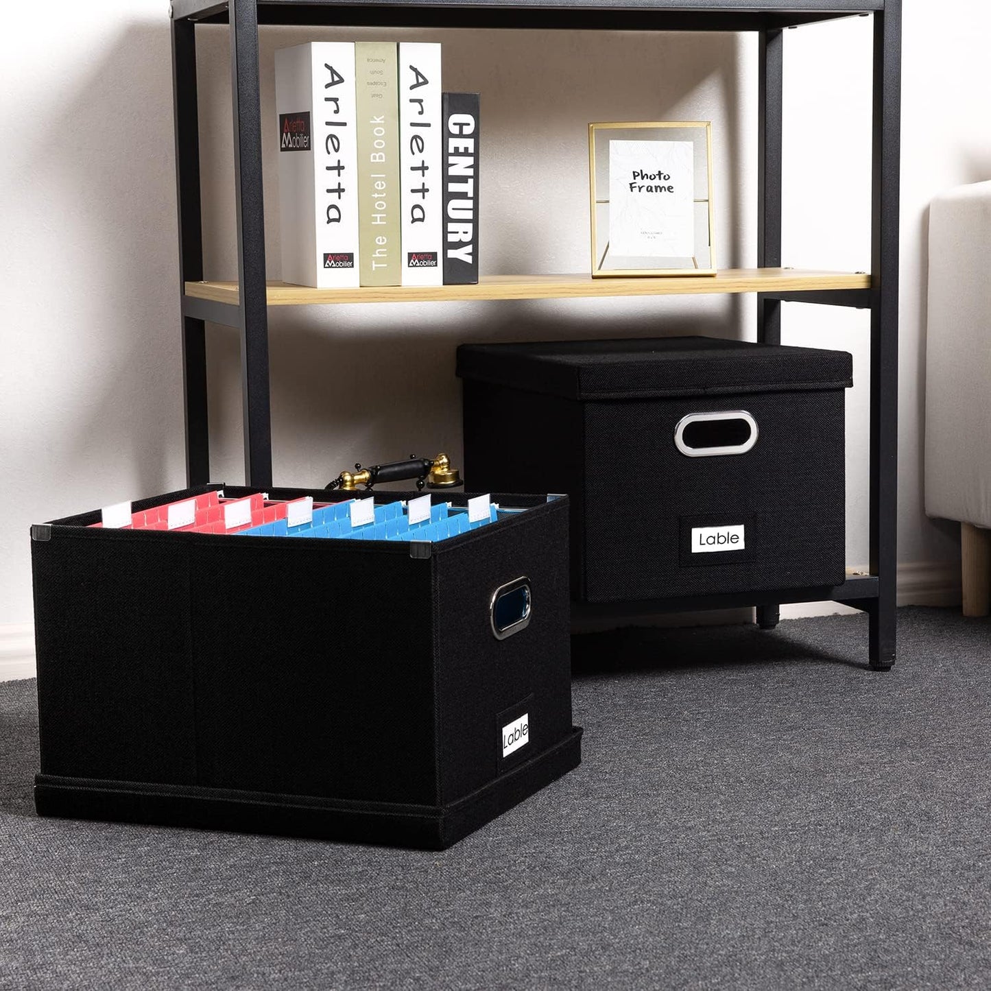 PRANDOM File Organizer Box - Set of 1 Collapsible Decorative Linen Filing Storage Hanging File Folders with Lids Office Cabinet Letter/Legal Size Black (17x14x11.2 inch)