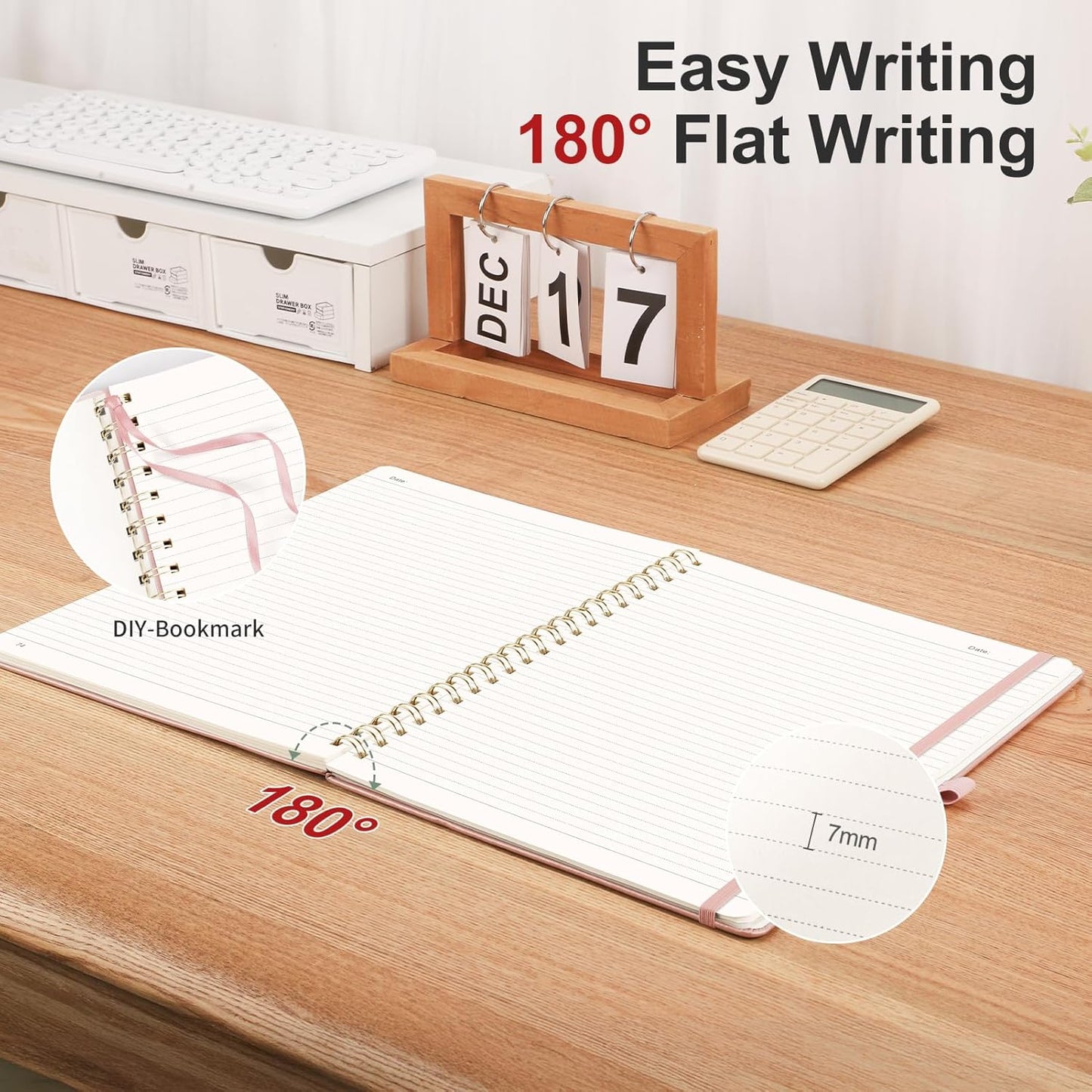 AHGXG Lined Spiral Notebook Journal for Women, Hardcover Leather Notebook College Ruled 140 Pages, A5 5.7" x 8.3", 100 GSM Thick Paper, Notebooks for School Work, Journals for Writing, Rose Gold