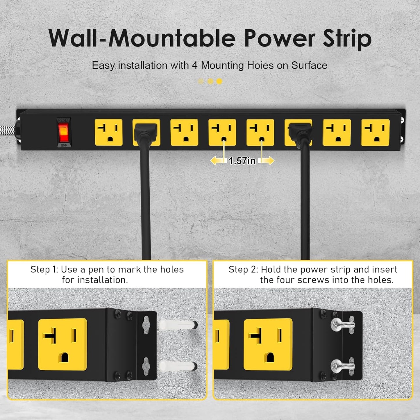 20Amp Power Strip Surge Protector, Durable Metal 8-Outlets with Heavy Duty 20 amp 10Ft 12 Gauge Extension Cord for Garage Workshop & Industrial Use, 1200J