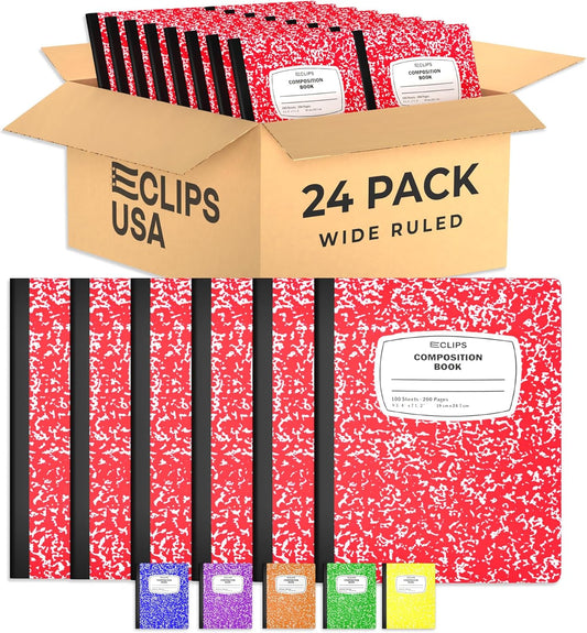 E-CLIPS USA Composition Notebooks, (48 Pack), Wide Ruled Composition Notebook, Marble Composition Notebook, 100 sheets, 200 Pages (48, Red)