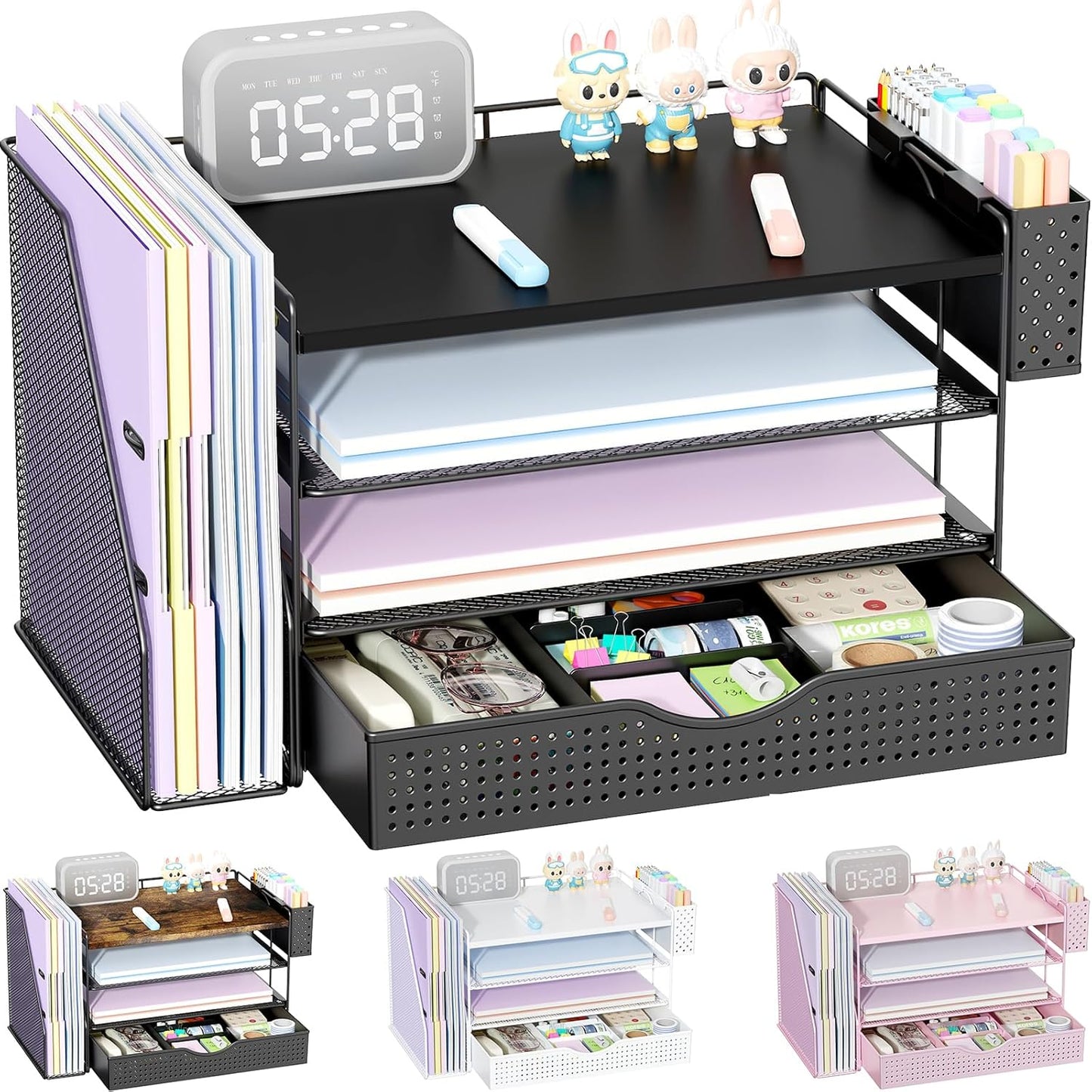 Wood Desk Organizers and Accessories with File Holder, 4-Tier Desk Accessories & Workspace Organizers with Drawer and Pen Holder, Paper Organizer for Office Supplies (Black)