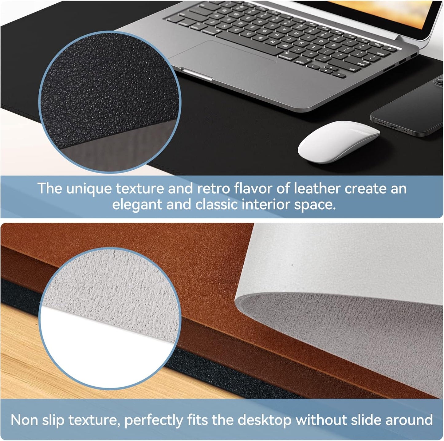 Desk Mat Wireless Charging Mouse Pad Large 32x16 Journey Desk Pad Mat with Wireless Charger Waterproof Black Leather Computer Mat with Phone Charger Mousepad Non-Slip for Keyboard and Mouse