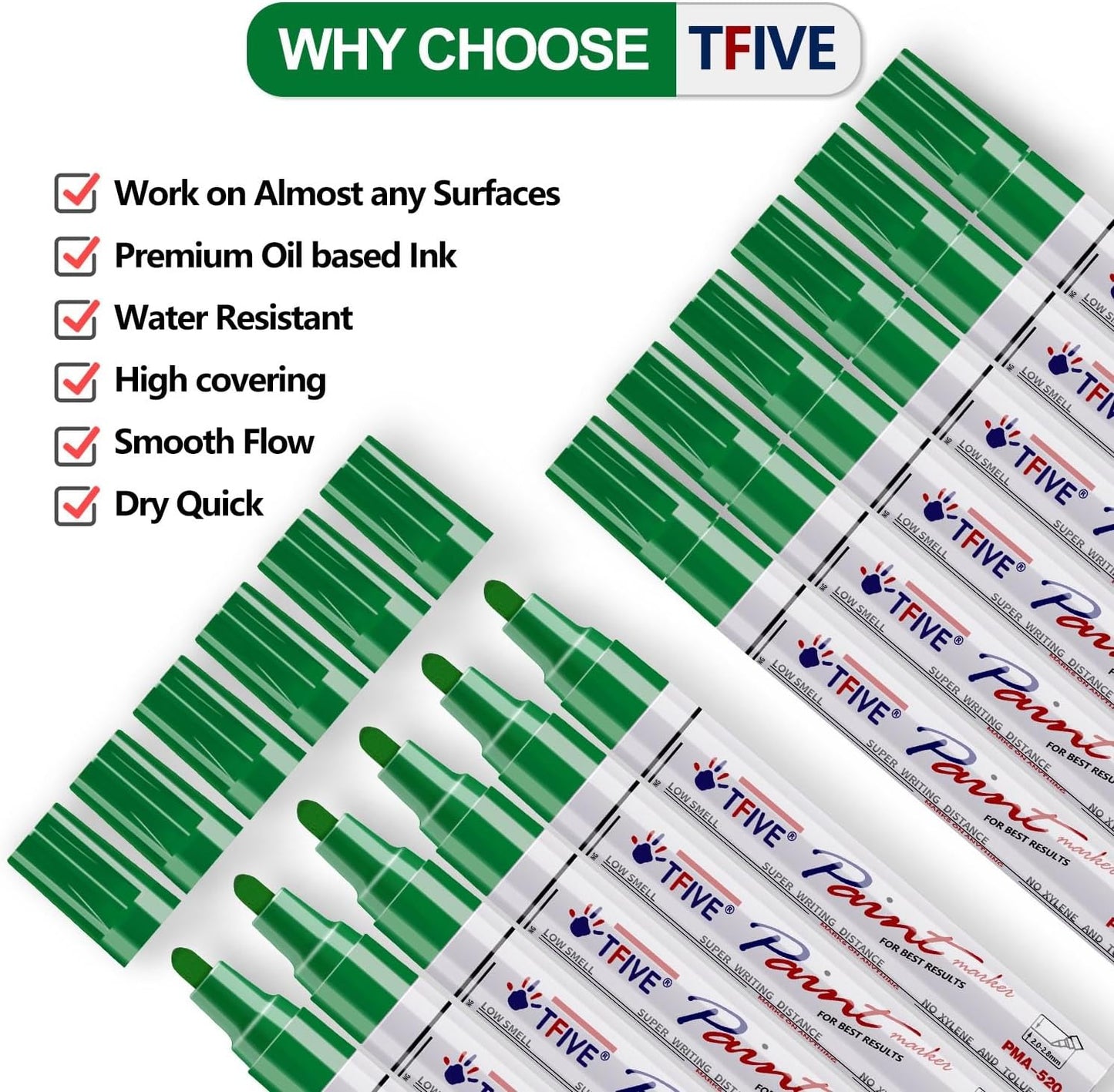 TFIVE Green Paint Pens Markers - 12 Pack Oil Based Permanent Marker, Medium Tip, Never Fade, Quick Dry, Waterproof Paint Pen for Rocks Painting, Wood, Fabric, Plastic, Canvas, Glass, Metal