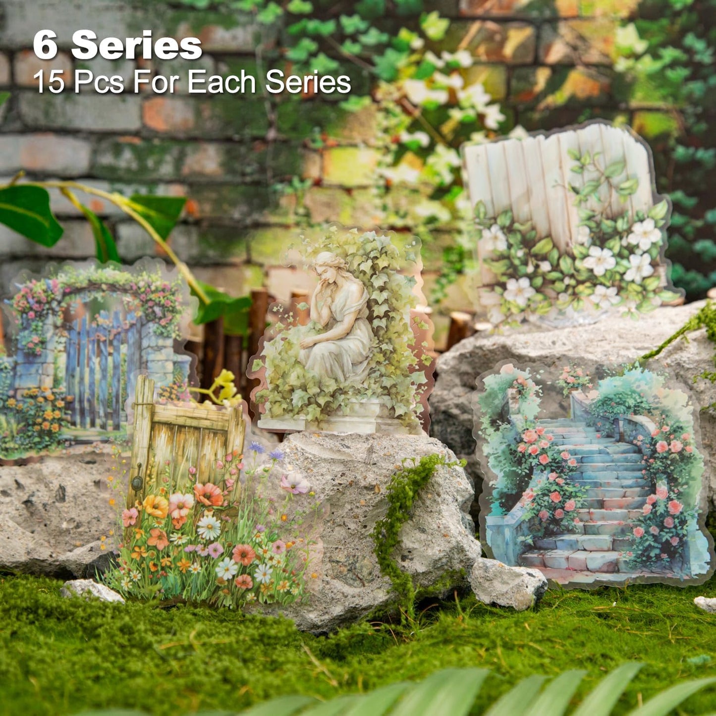 90Pcs Manor Fence PET Stickers, Vintage Garden and Floral Stickers for Scrapbooking, Journaling, DIY Crafts, with Organizer for Easy Storage