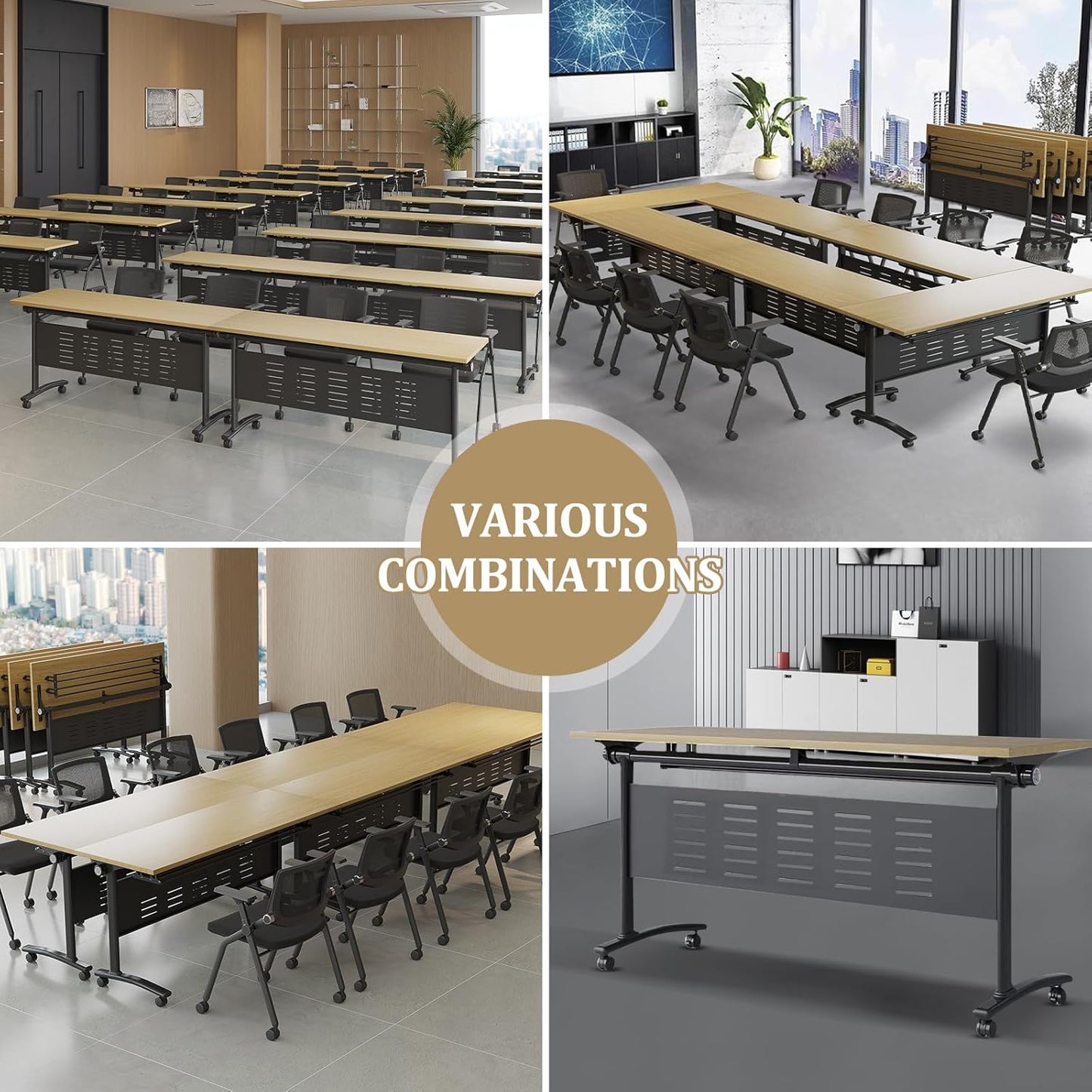 Folding Conference Table - Modular Conference Room Tables Foldable & Stackable Boardroom Table with Casters | Large Rectangle Office Meeting Table for Training Rooms (4PCS-55.1in)