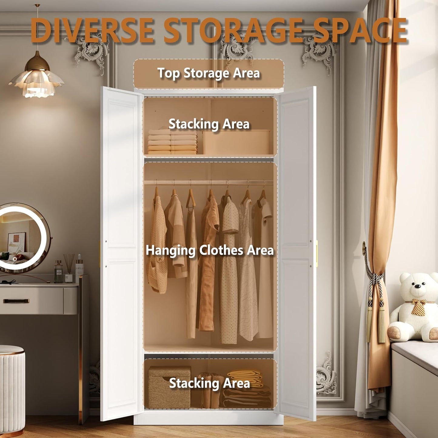 Metal Armoire Wardrobe Closet with Doors and Shelves, 71" Tall Freestanding Wardrobe Cabinet for Hanging Clothes, Large Closet with Hanging Rod for Bedroom, White, Assemble Required