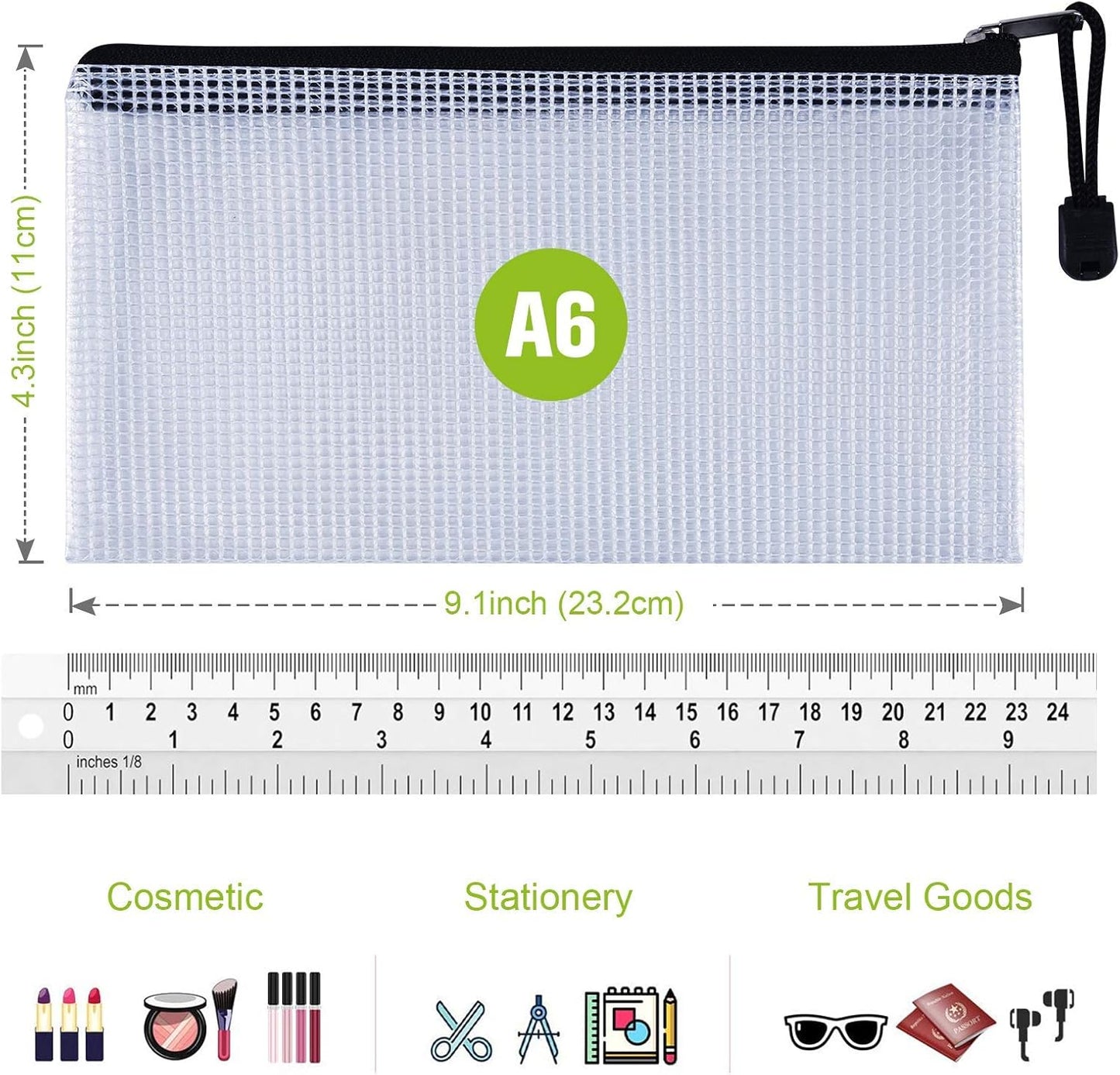 12 Pcs Plastic Mesh Pencil Pouch, Waterproof Tear-Resistant Document File Folders, Zipper Documents Pouch Document Organizer Bags for School Office Business Home Travel Storage(9.25×4.25Inch)