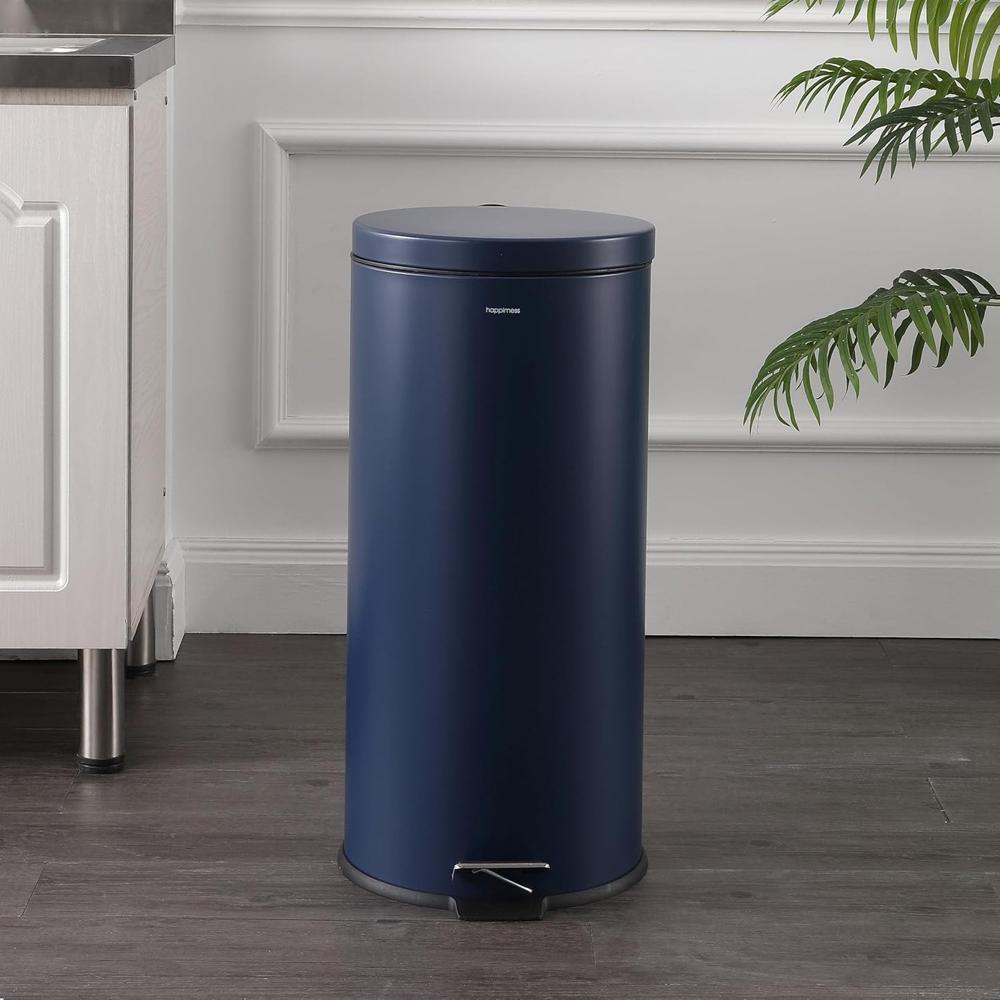 happimess HPM1000B Oscar 8-Gallon Step-Open Trash Can with Free Mini Trash Can, Modern, Fingerprint Proof for Home, Kitchen, Office, Large:7.9 Gallon Small:1.3 Gallon, Denim Blue