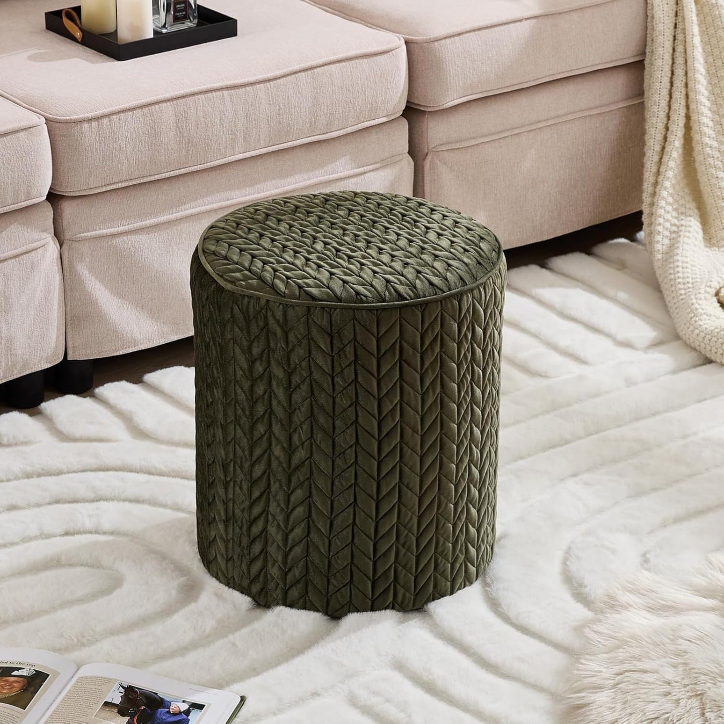 Modern Round Ottoman, Braided-Tufted Foot Stool Ottoman, Velvet Upholstered Vanity Stool for Makeup, Bedroom, Living Room, Dark Green