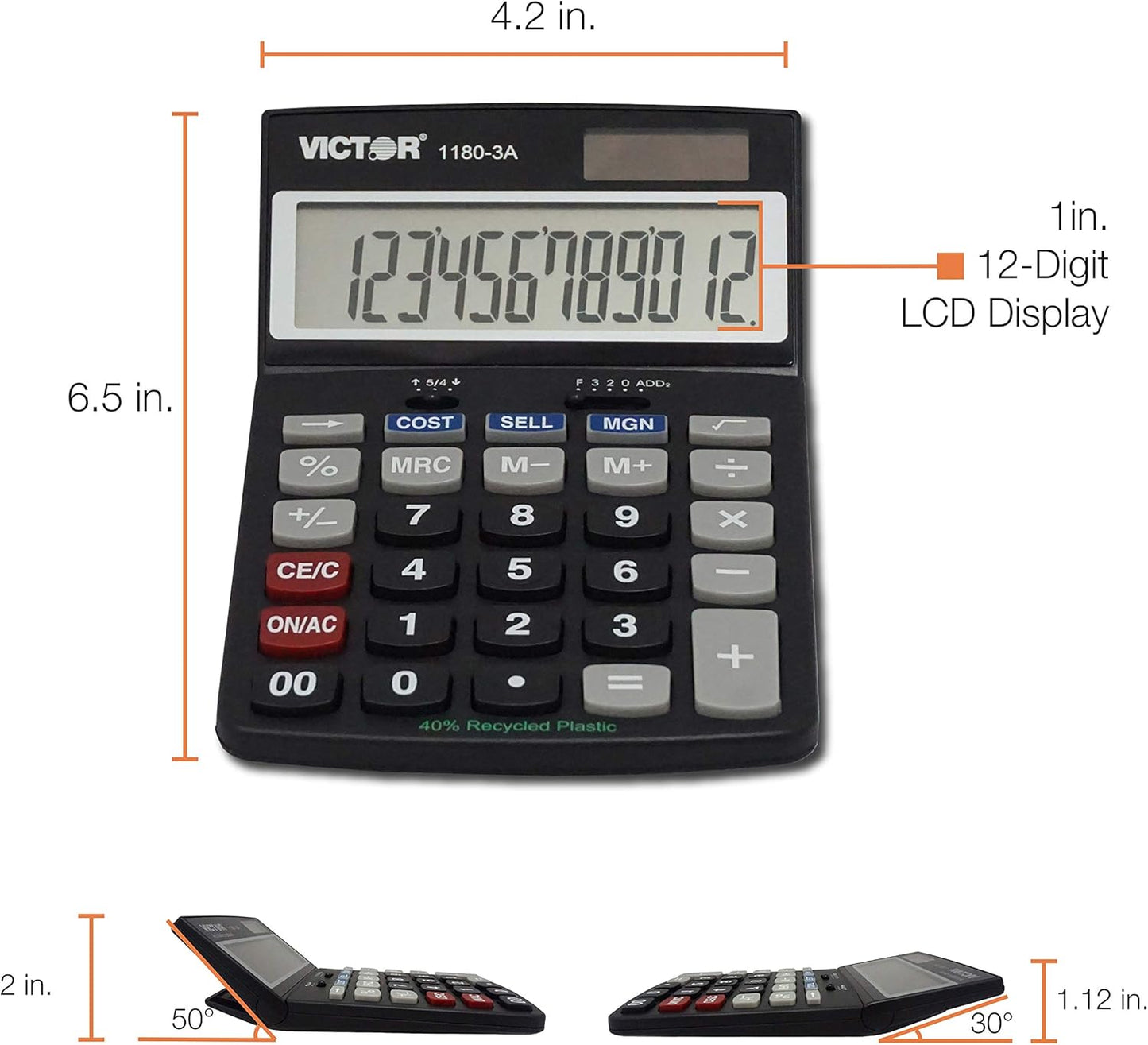Victor 1180-3A 12-Digit Standard Function Calculator, Battery and Solar Hybrid Powered Adjustable Angle LCD Display, Great For Home and Office Desks, Black
