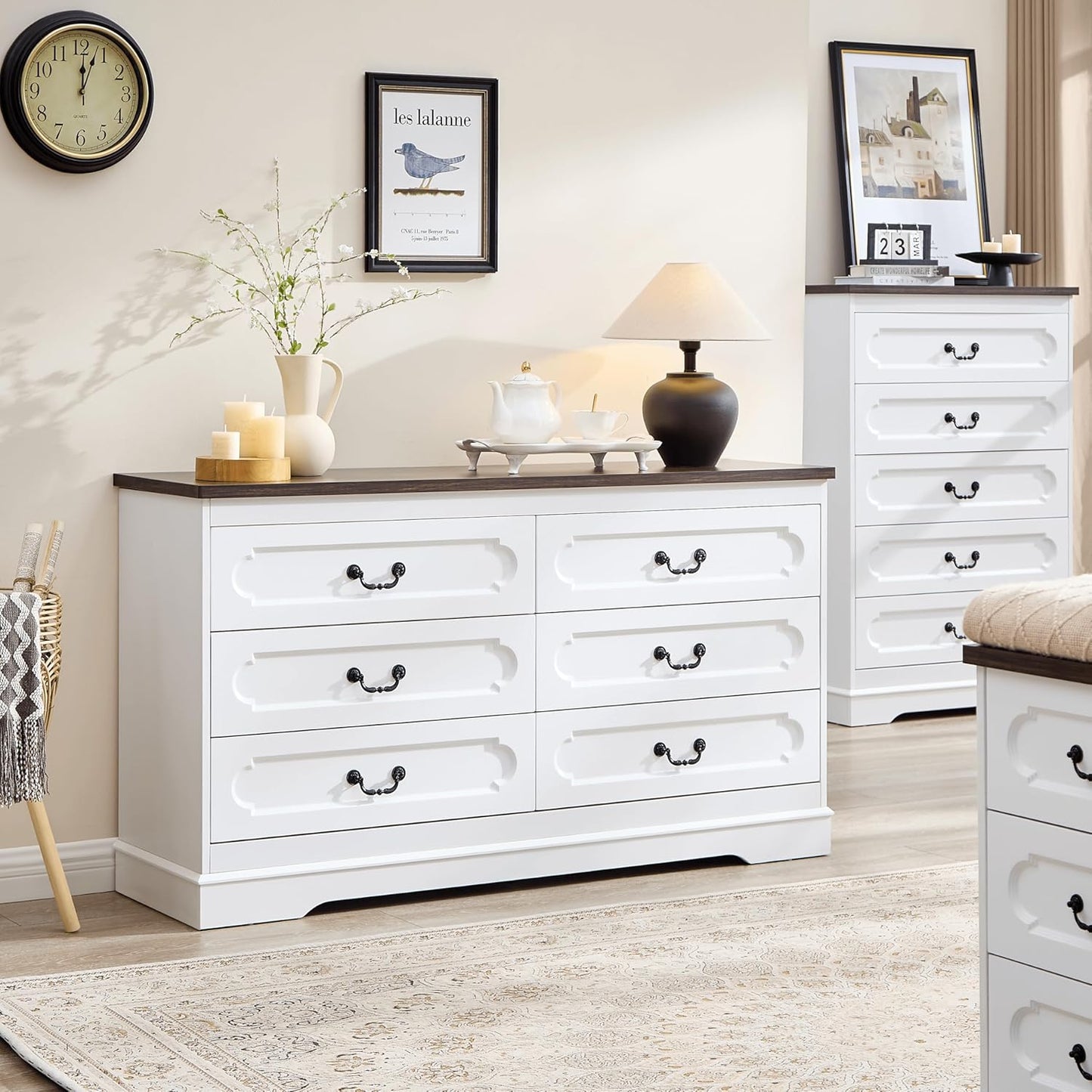 LIDYUK 6 Drawer Dresser for Bedroom Farmhouse WhiteTall Wood Chest of Drawers for Bedroom Dresser, Modern Rustic 55" Wide Drawers Dressers Wooden Closet and Storage Cabinet, Hallway, Living Room